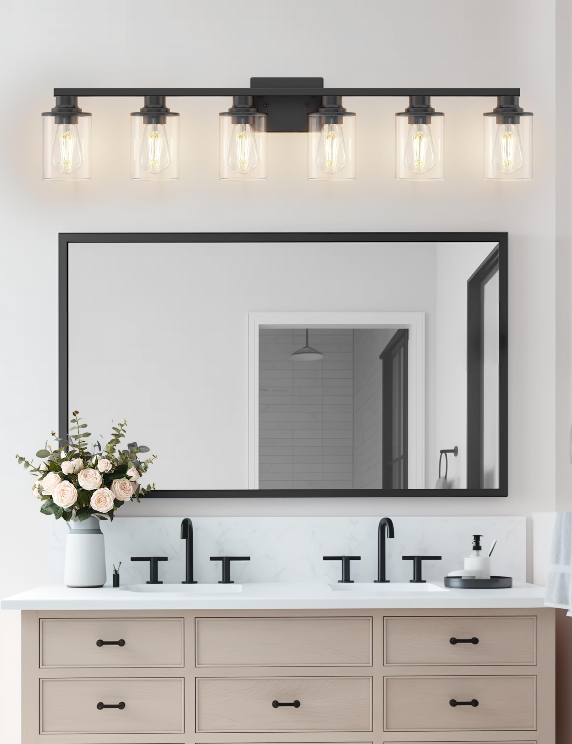DORESshop 6-Light Bathroom Light Fixtures, Black Vanity Lights with Clear Glass Shade, ETL Listed