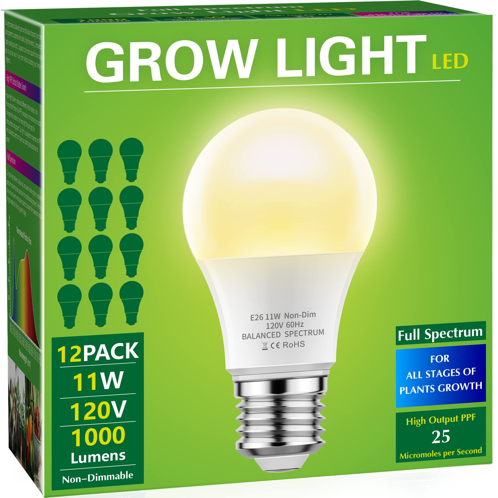 Briignite LED Grow Light Bulbs, Full Spectrum A19, 11W (100W Equivalent), E26 Base, Warm, 12 Count