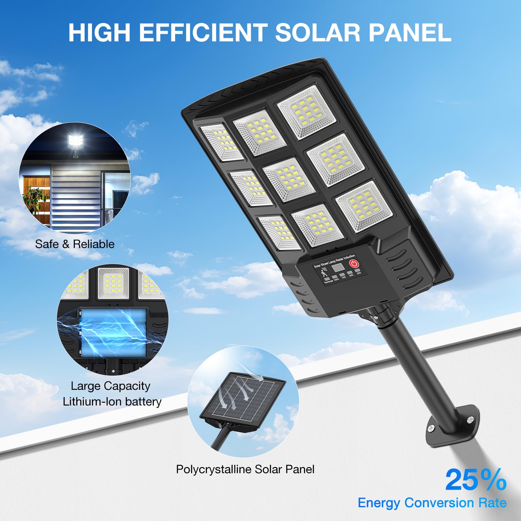 VowelsOne Solar Street Lights, 16000LM LED, Motion Sensor, Remote Control, Waterproof, 2-Pack, Black, Model HS8-2P