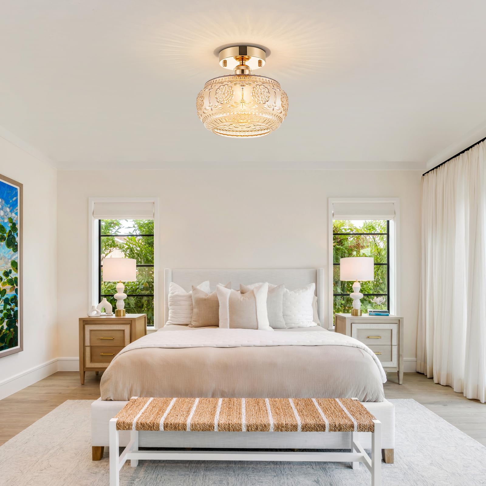 Tbaoinla Semi Flush Mount Ceiling Light - French Gold Finish & Amber Floral Glass Shade  Vintage Modern Lighting For Bathroom  Kitchen  Bedroom (Bulb Not Included)