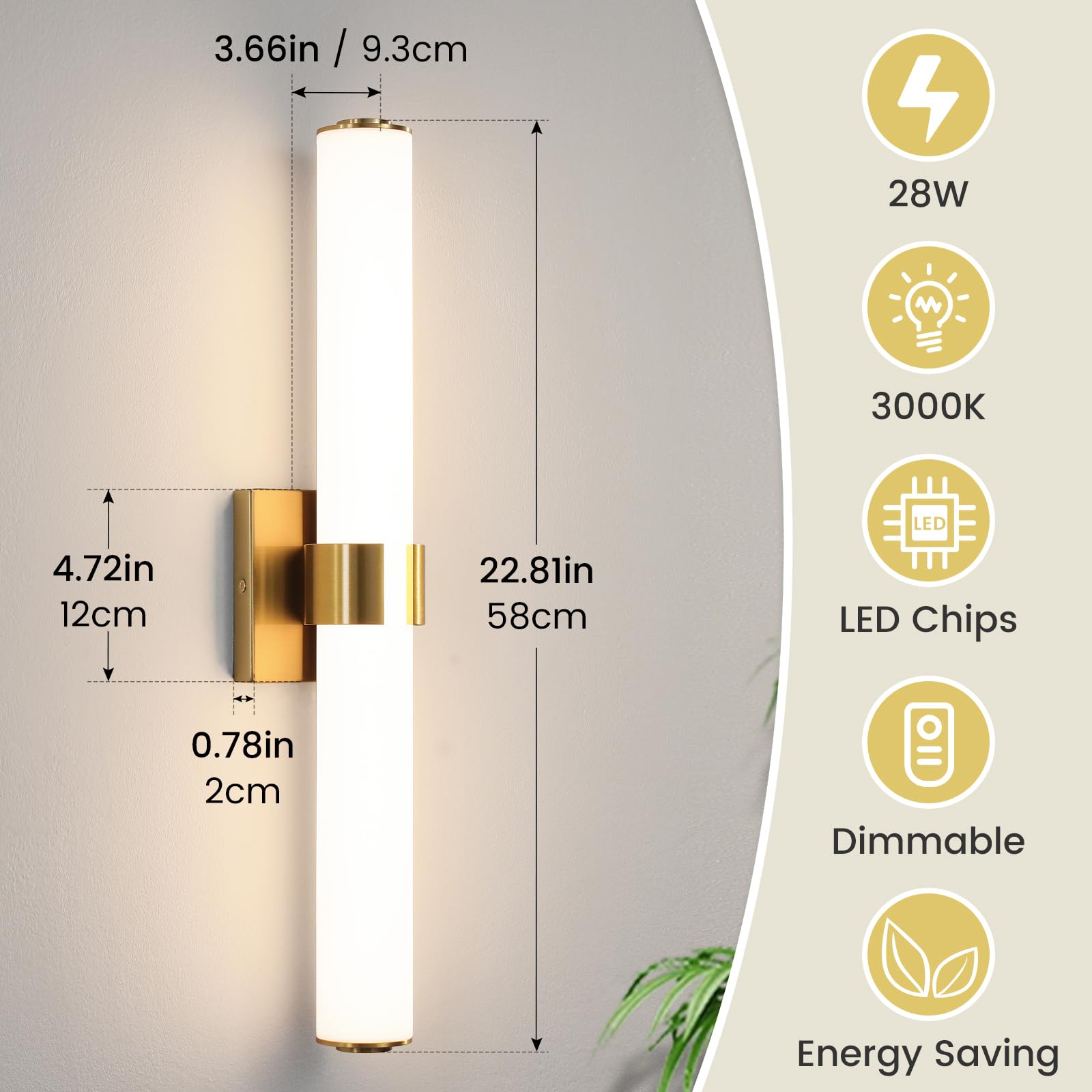 AIJIASI Bathroom Vanity Light - 28W Gold LED Sconces, 22.8 Inch Acrylic Shade, Model 8078WL-18GD-US