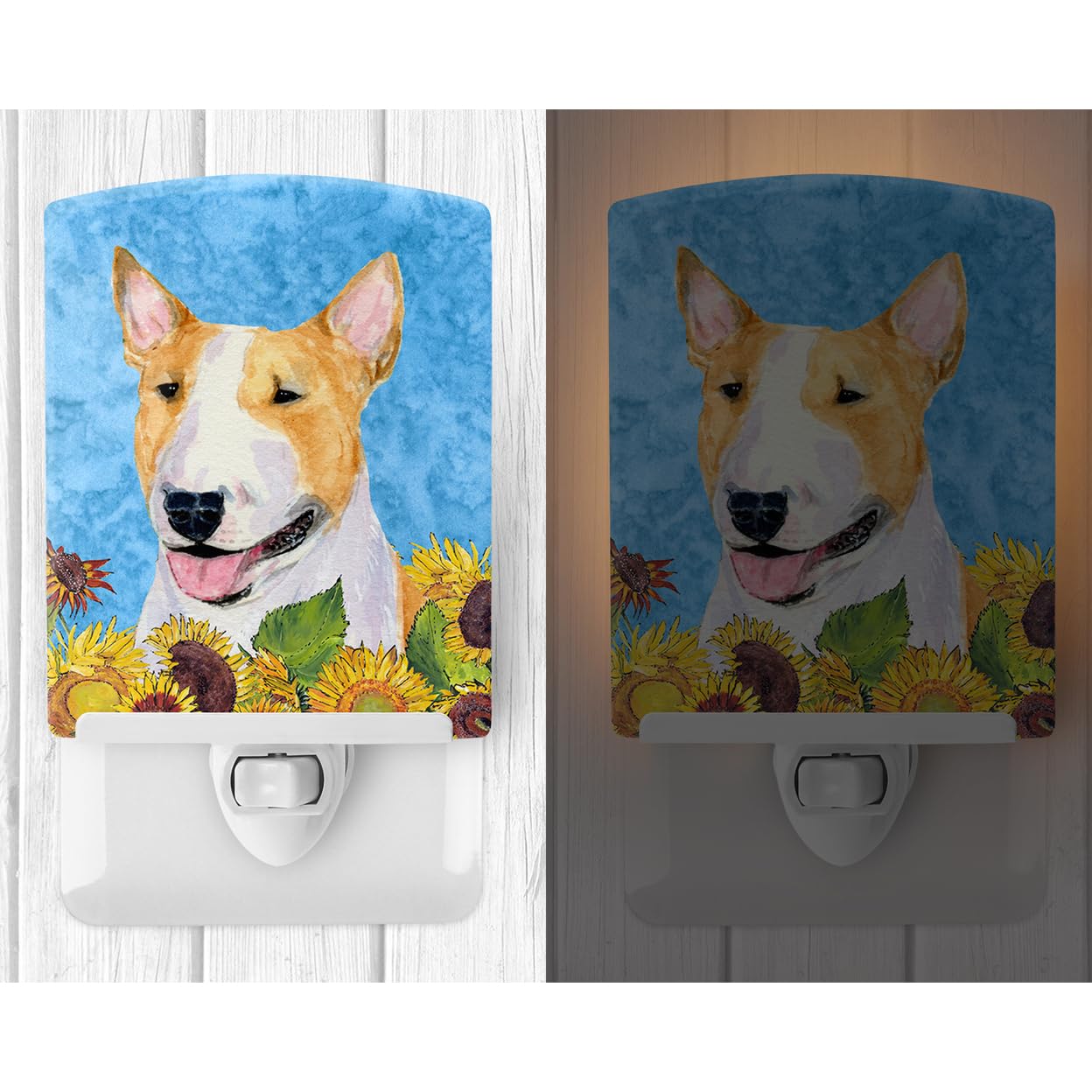 Caroline'S Treasures Ss4129Cnl Bull Terrier In Summer Flowers Ceramic Night Light Compact, Ul-Certified, Ideal For Bedroom, Bathroom, Nursery, Hallway, Kitchen, 6X4X3, Multicolor