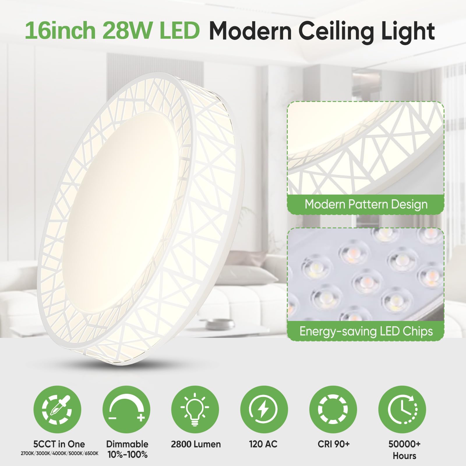 Lightania 16 Inch Flush Mount Ceiling Light, Modern White Led Ceiling Light Fixture, 28W 2800Lm 2700-6500K Adjustable, Dimmable