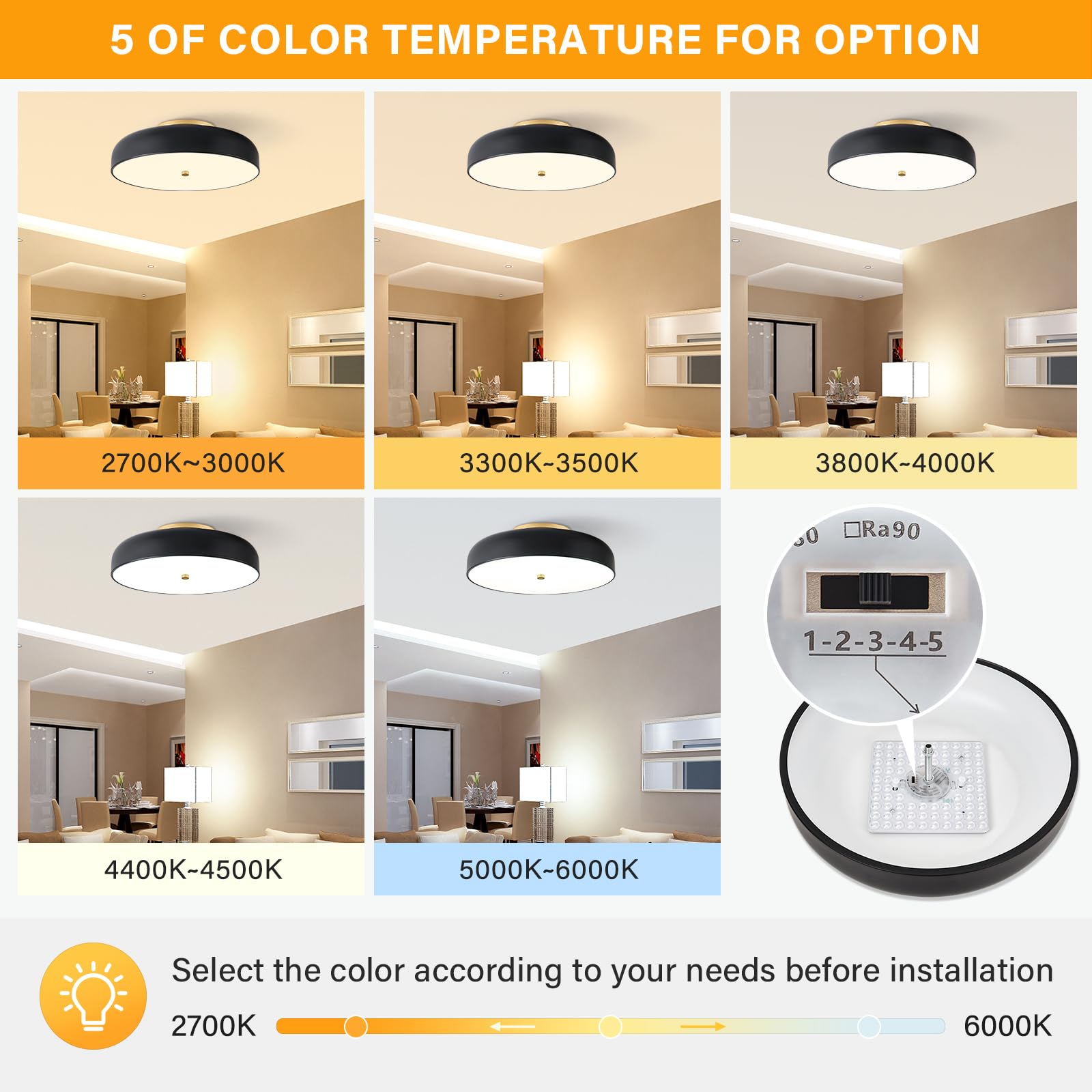 Onesming Dimmable Led Ceiling Light Fixture, 2700K-6000K 5Cct Modern Mid-Century Semi Flush Mount Ceiling Light, Black Close To