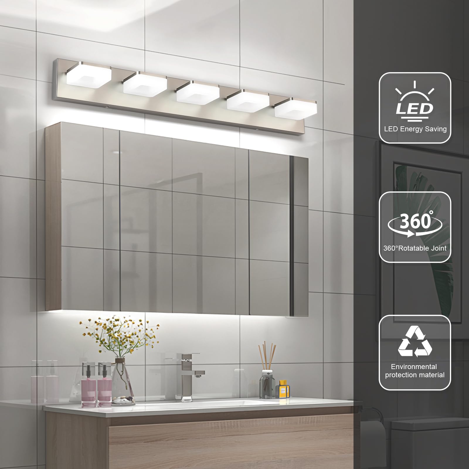 Bicrink 5-Light Brushed Nickel Vanity Light Fixture, 32" Modern LED Bath Lighting for Mirror, Model 9811-N-5T