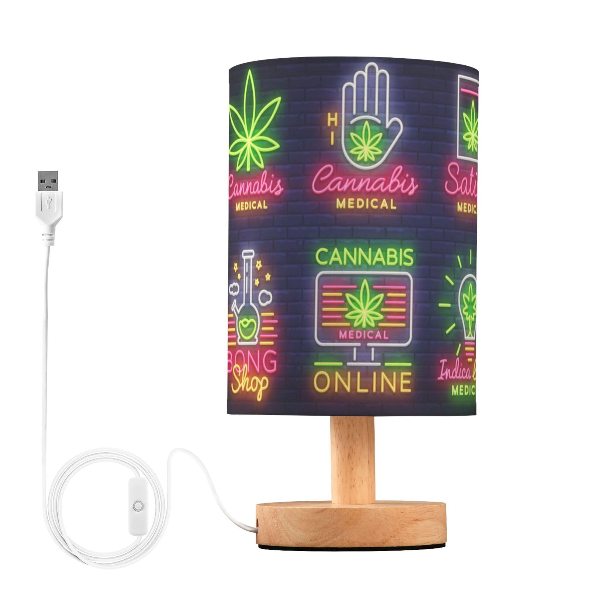YYZZH Table Lamp Neon Hemp Hemp Hemp Leaf Medical Sign Print Nightstand Lamp with Wood Base Fabric Lamp Shade Bedside Desk Lamp for Living Room Bedroom Kids Room Office