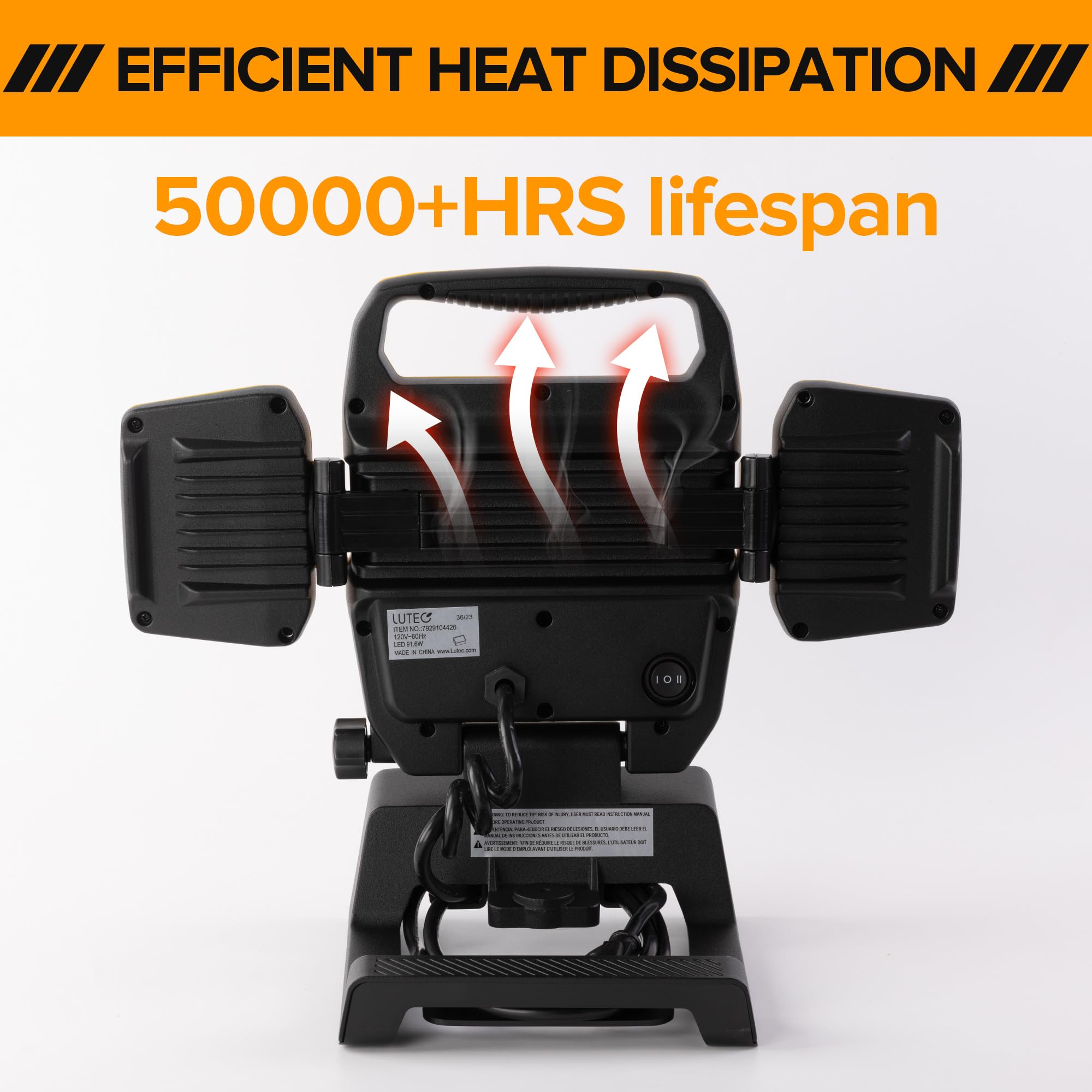 Lutec 91.6W 10000 Lumen Led Work Light, Foldable Work Lights With 3 Adjustable Head, Portable Corded Construction Lights Job Sit