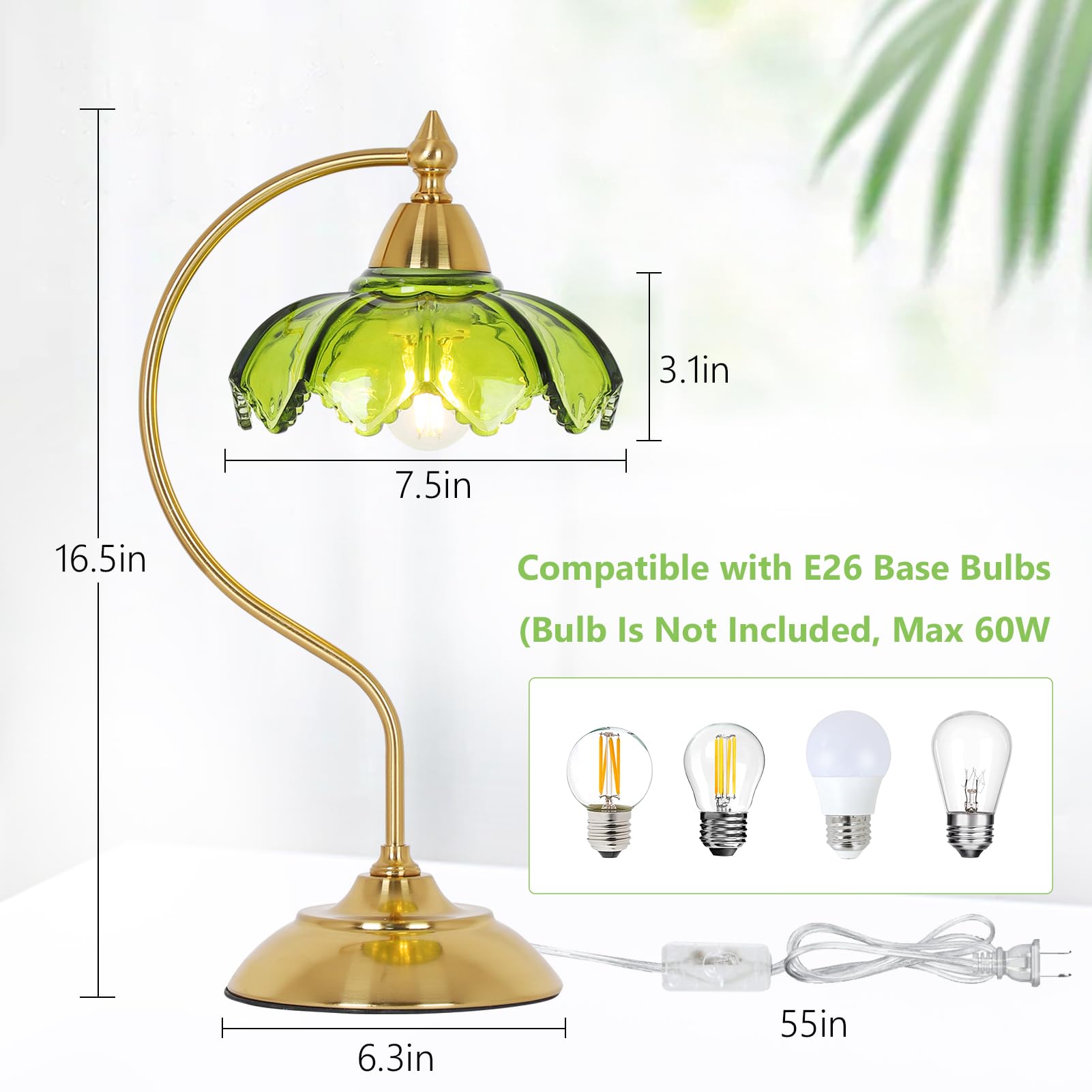 Artmooy Glass Beside Table Lamp - Vintage Flower Design, Gold & Green, 6.3" x 6.3" x 16.5", Metal, Model 250307A