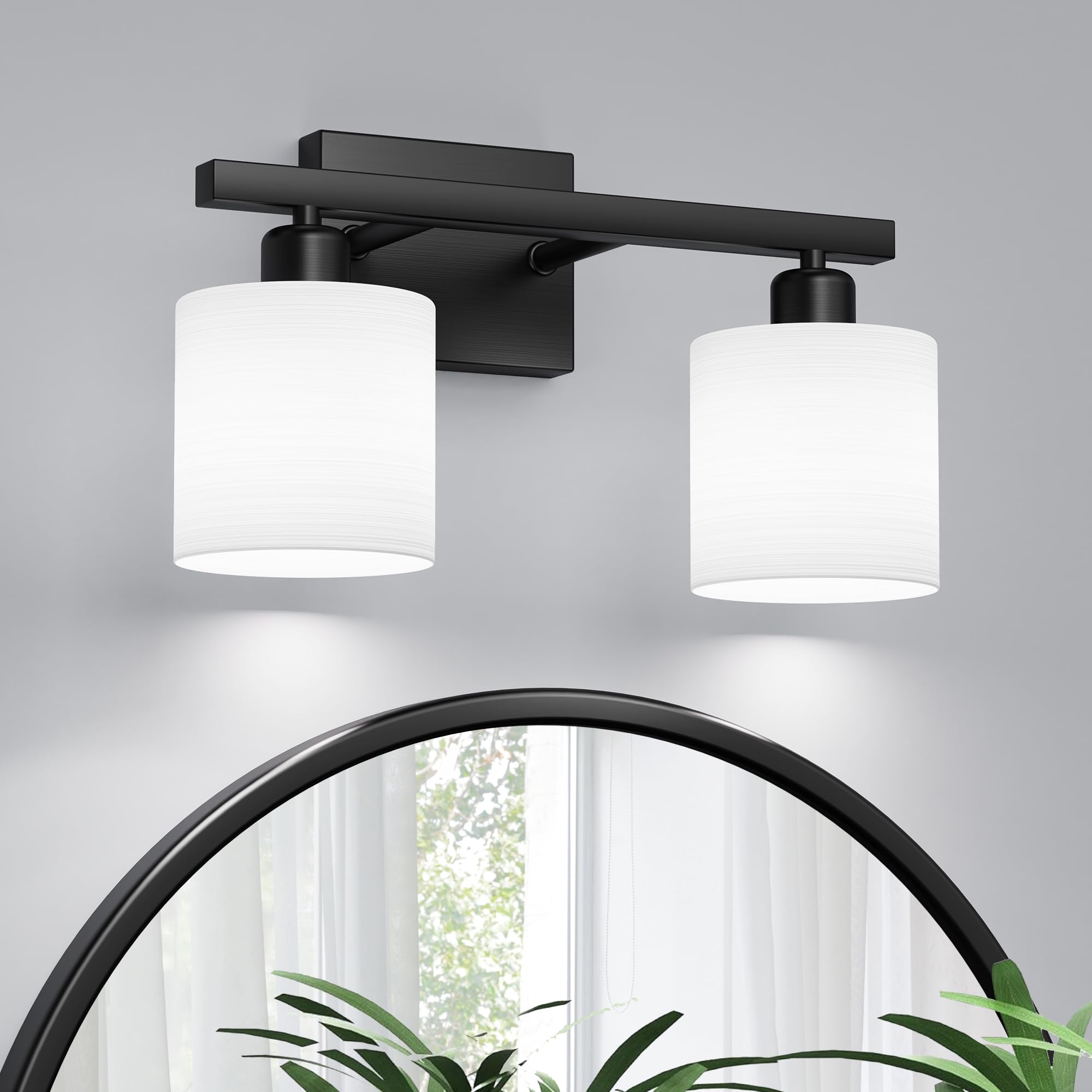 PARTPHONER Classic Vanity Light, 2-Light, Textured White Glass Shade, Matte Black, Model PAWL200AB1
