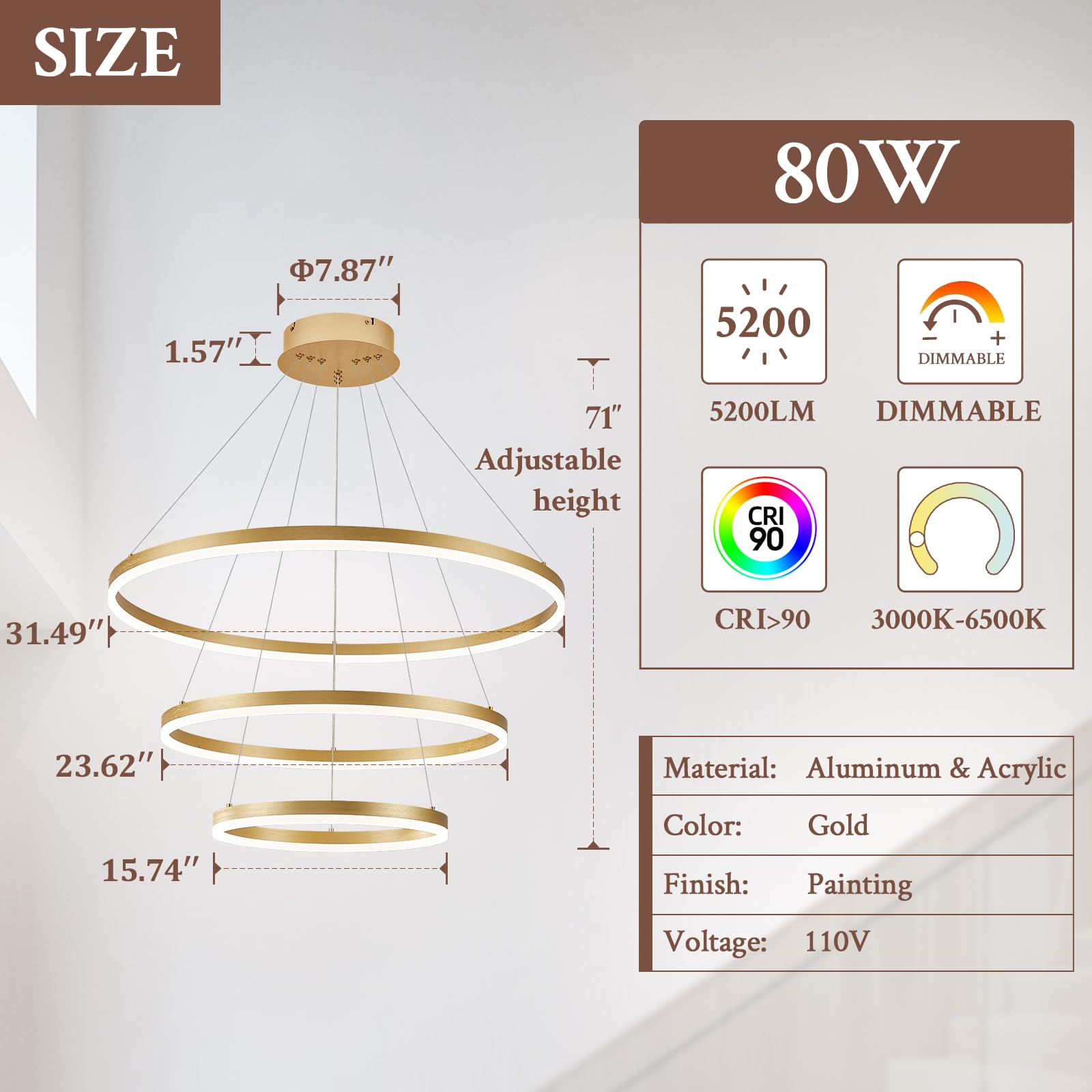 Sparklelf 3-Rings LED Chandelier, Dimmable Pendant Light, 31.5in Gold, Remote Control, High Ceiling, Model D31.5