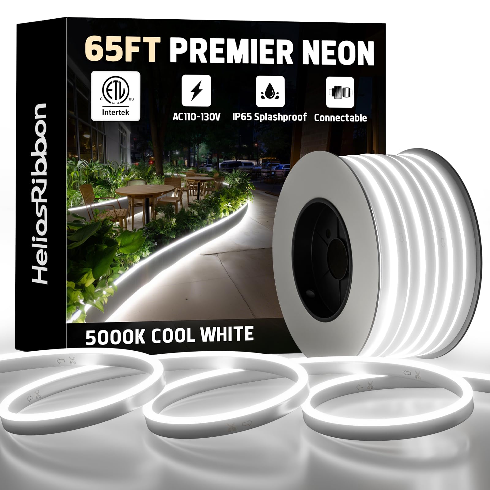 65FT LED Neon Rope Lights 5000K Cool White  ETL Listed 110-120V Outdoor Flexible Neon Band IP65 Waterproof  Connectable and Cuttable  for Home Commercial Contour Landscape Ambient Lighting Decor