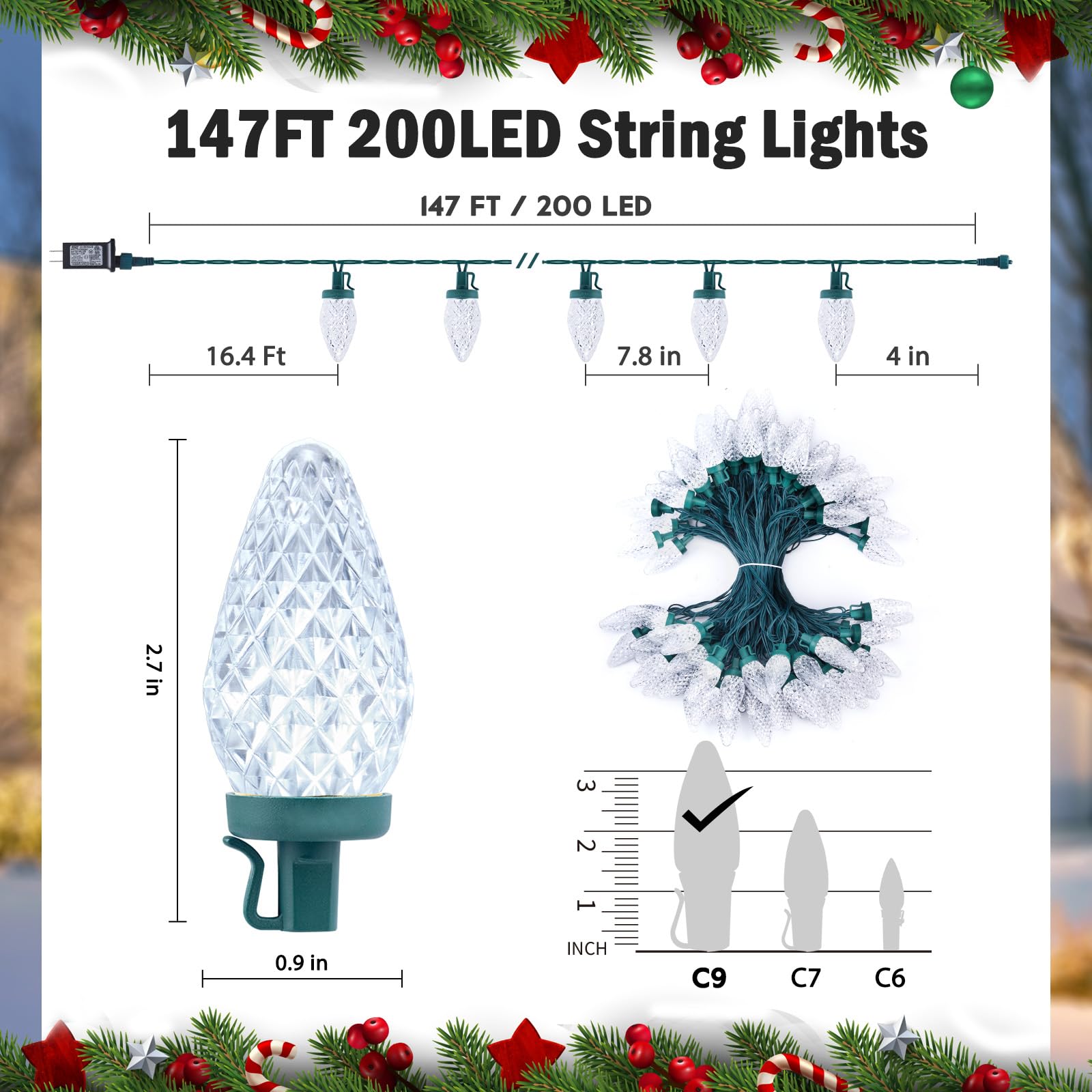 Minetom 147 Ft 200 Led C9 Led Christmas Lights Outdoor - Plug In Fairy Lights With Timer & 8 Modes, Waterproof Commercial Grade