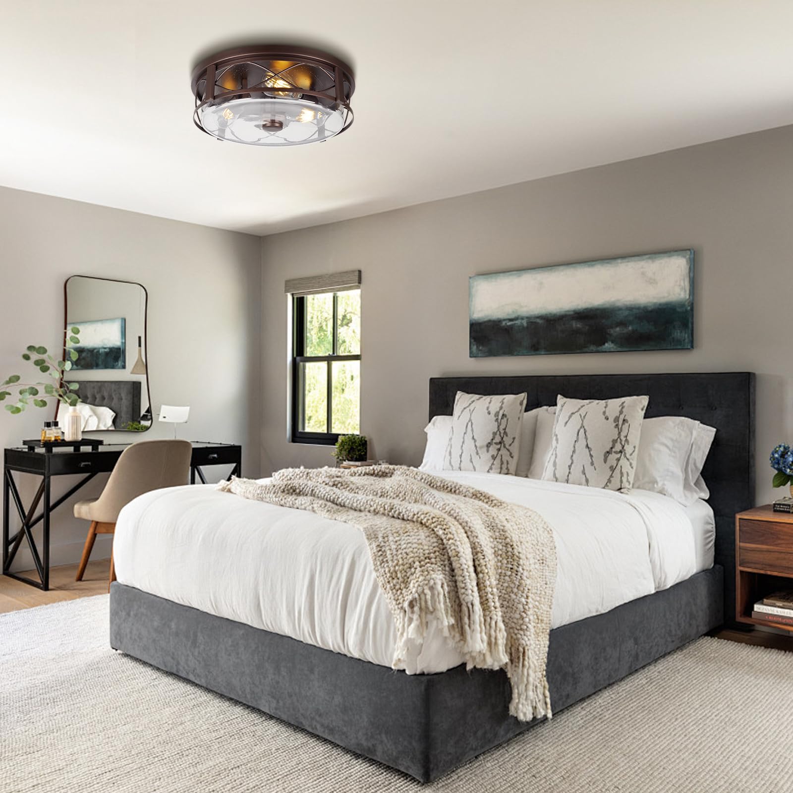 Rosient 16&quot; Bronze Flush Mount Ceiling Light, 3-Light Seeded Glass Fixture For Indoor/Outdoor Use