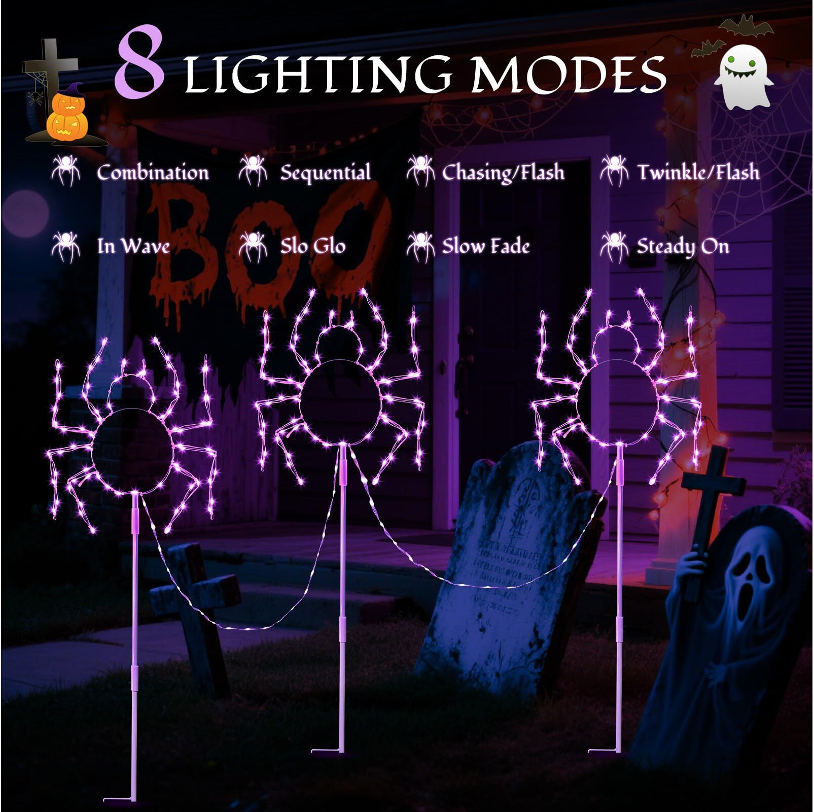 Hopolon Outdoor Halloween Spider Pathway Lights, 3-Pack, 229 LED, Purple, Waterproof with 8 Modes Timer for Garden Decor