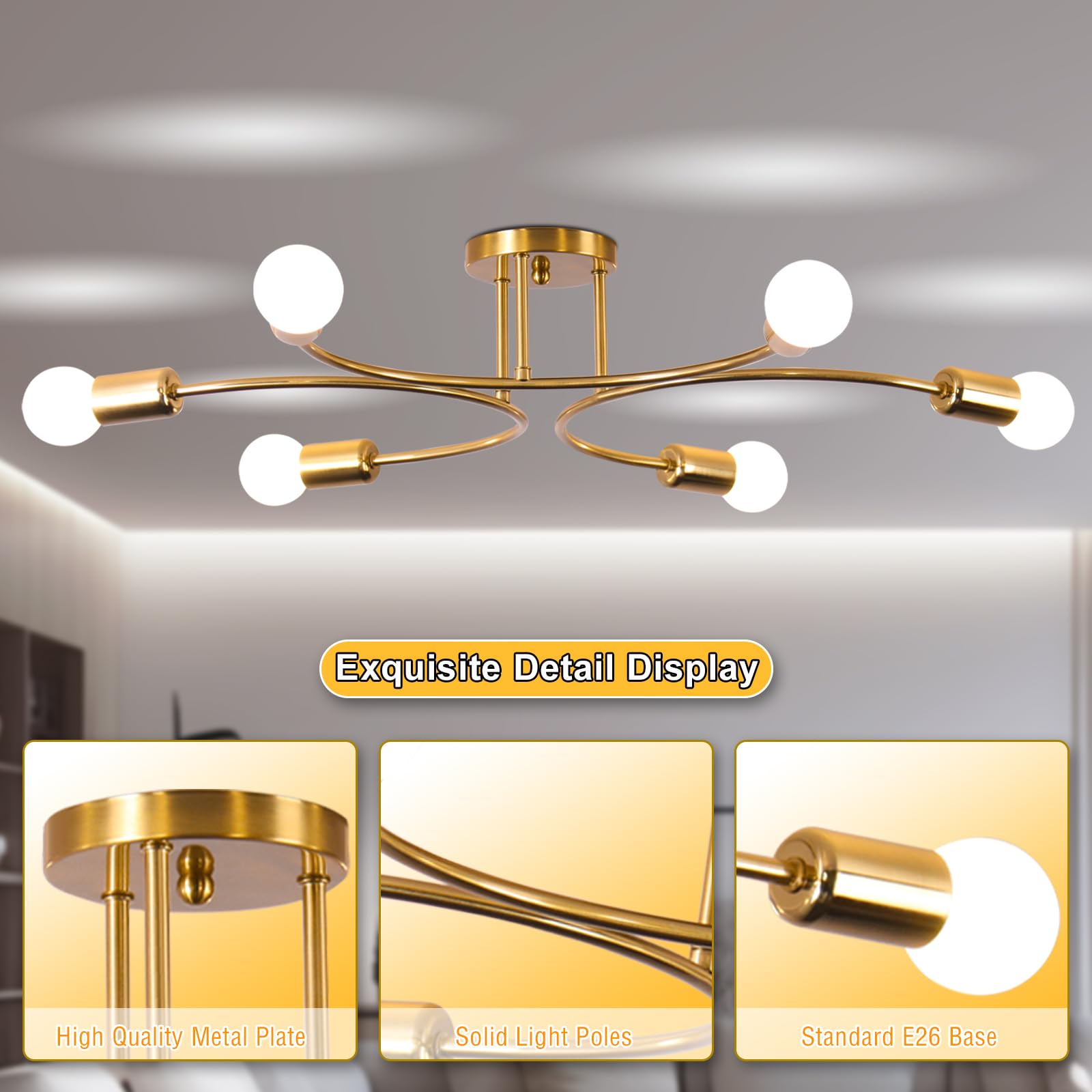 Frixchur Gold Sputnik Chandelier Ceiling Light Fixture, 6-Light Mid Century Industrial Metal Flush Mount Ceiling Lights Modern B