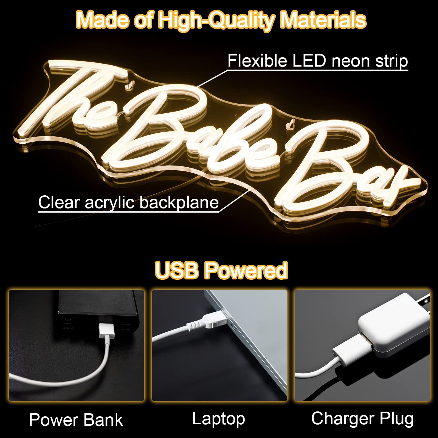 Horseneon The Babe Bar Neon LED Sign, Warm White, USB Powered, Acrylic, Model The Babe Bar-1190