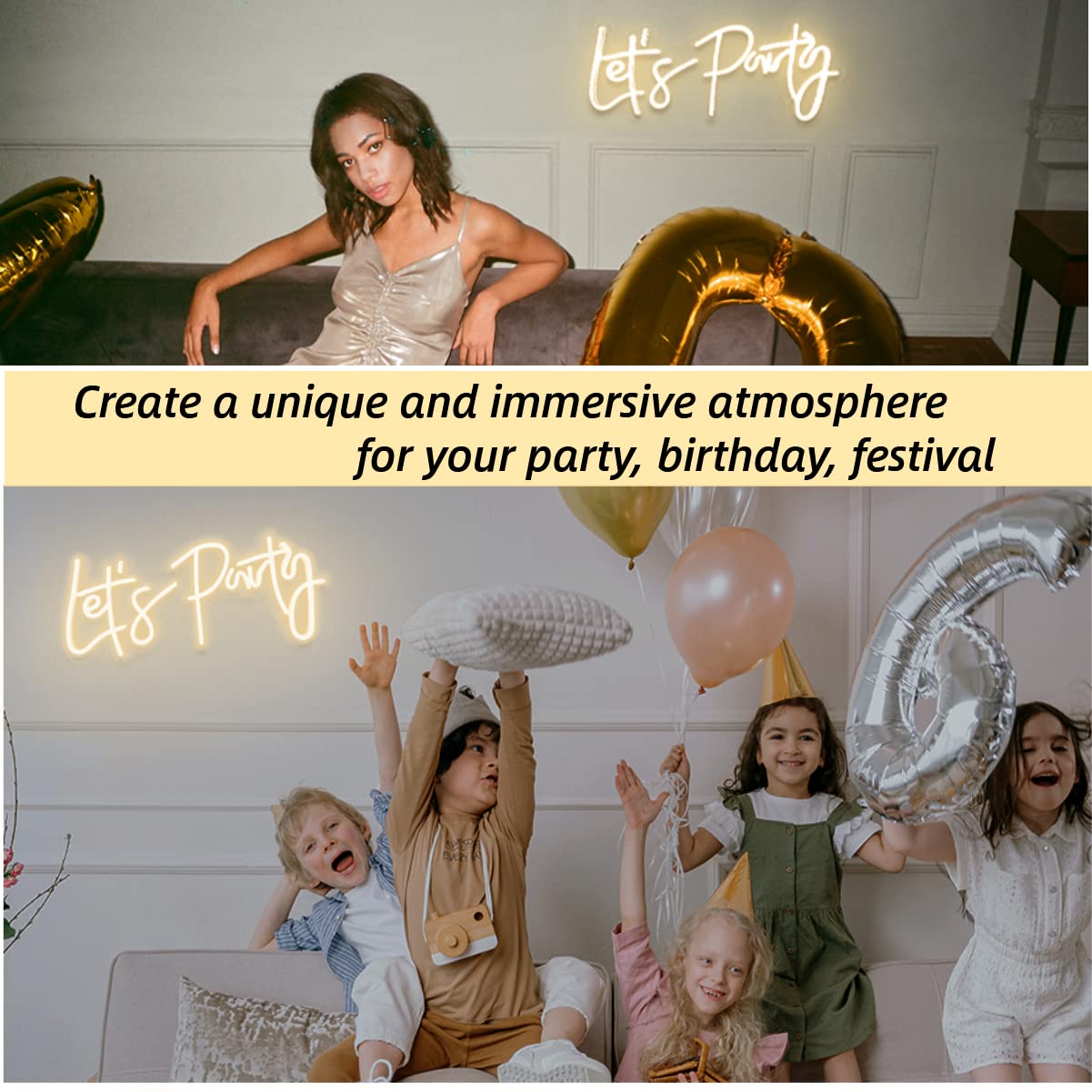 Colysor Neon Sign - Lets Party, Dimmable, 17x7.5inch, Warm White Acrylic Wall Decor for Birthday, Wedding, Bachelorette, Valentines Day