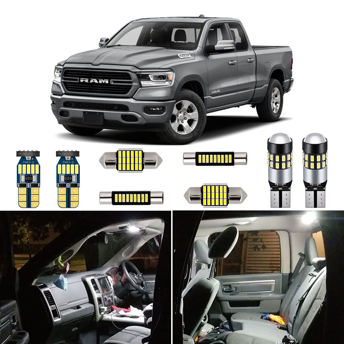 Autogine 12 Piece White Interior Led Lights Kit For 2019 2020 2021 Dodge Ram 1500 2500 3500 Super Bright 6000K Interior Led Light Bulbs Package + Install Tool