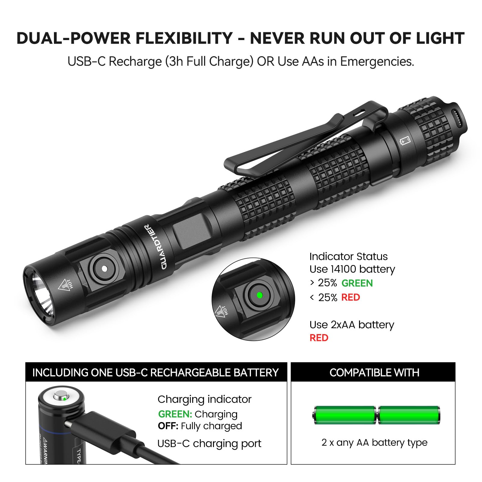 Guardtier ML70 1500 Lumen EDC Flashlight Rechargeable, Pen Style Self Defense Compact Tactical Flashlight with 2AA Dual Power, I