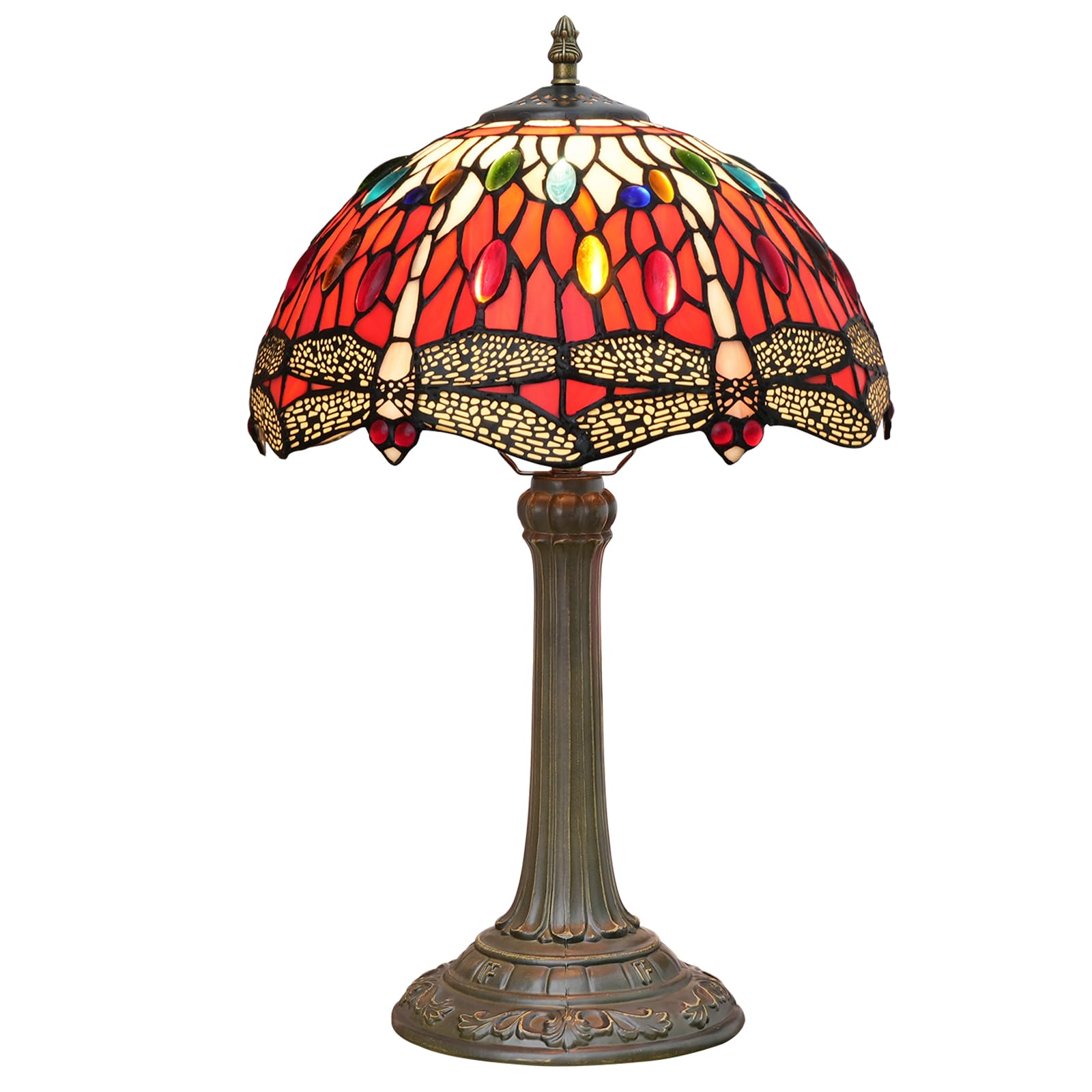 Blivuself Tiffany Lamp Dragonfly Style Stained Glass Red Lamp 12 Inch Bedside Table Lamp Retro Metal Reading Lamps For Dorm Offi