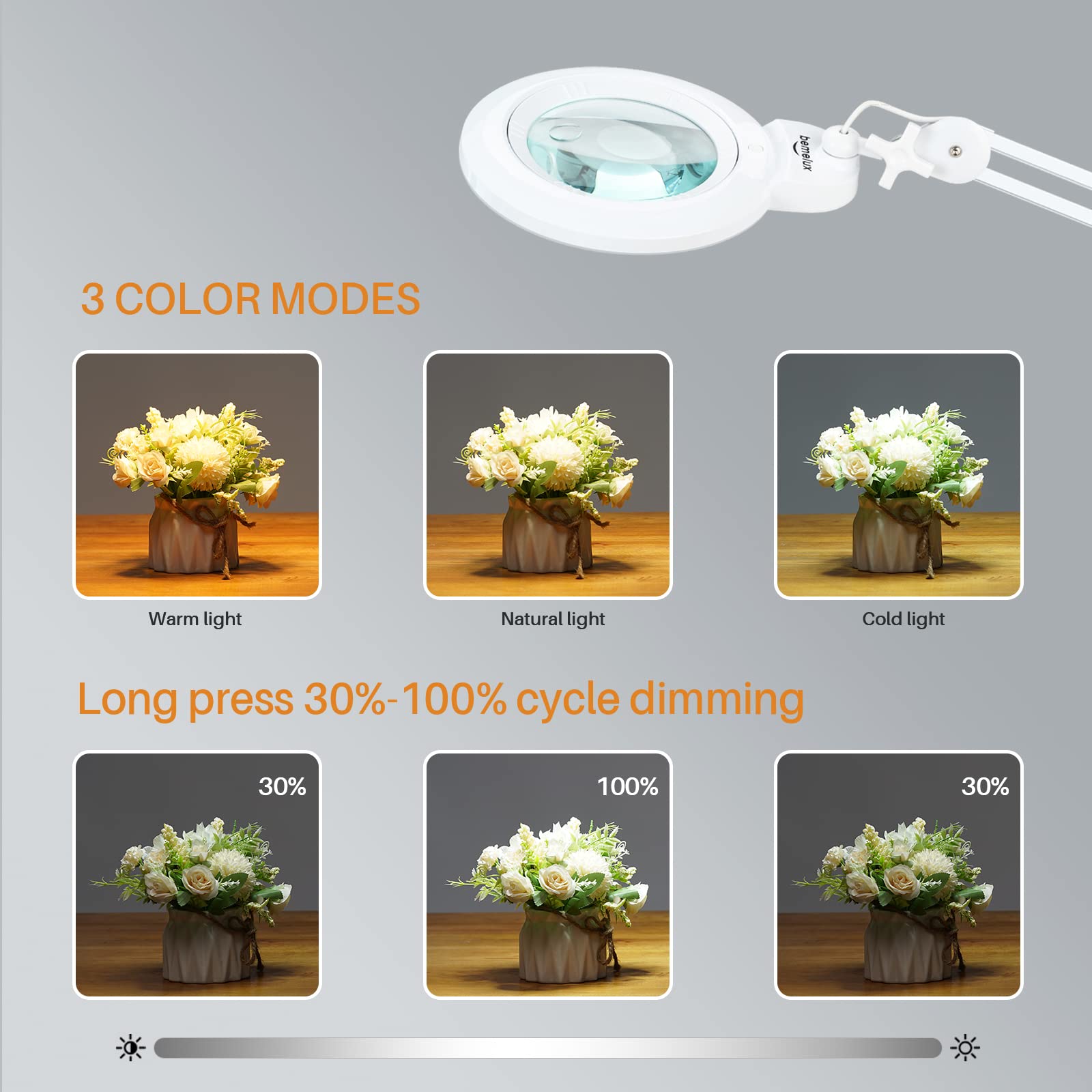 bemelux Bifocals Magnifying Desk Lamp with Clamp, 5 Diopter with 20 Diopter, 6 Inch Detachable Lens and 120PCS LEDs, 3 Color Mod