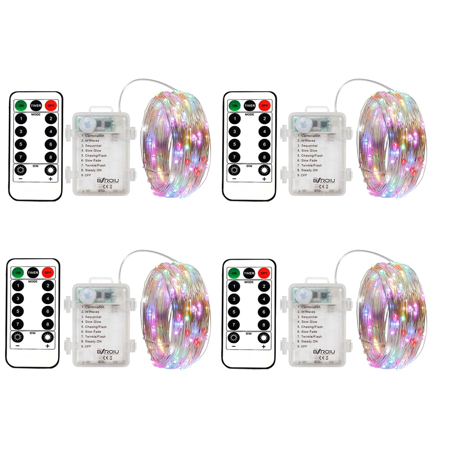 BXROIU Fairy Lights String Lights 50 LEDs 16.4Ft Silver Wire 8 Lighting Modes Remote Control Multicolor 4Pack