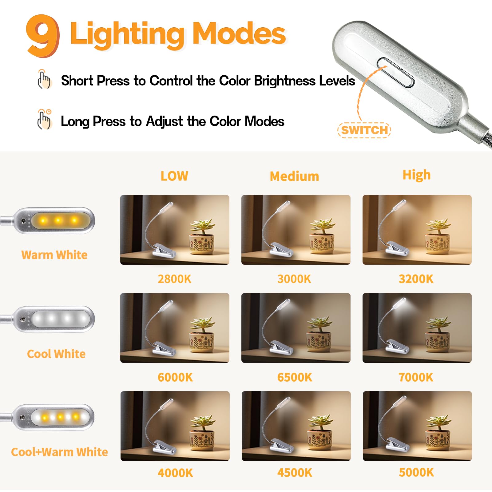 VAVOFO Rechargeable Book Light, 7 LED Eye Care Lamp, 9-Level Warm Cool White, Model KM-6720, Silver