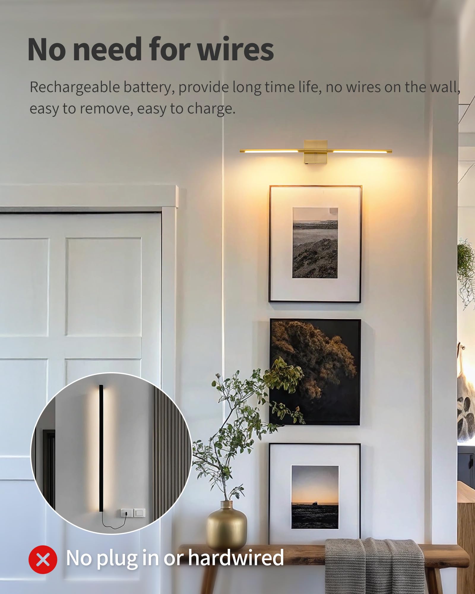 KDG Cordless Wall Sconces - Remote Control, 7000mAh Battery, 23.6" Metal LED Lights, Gold Finish for Bedroom & Hallway