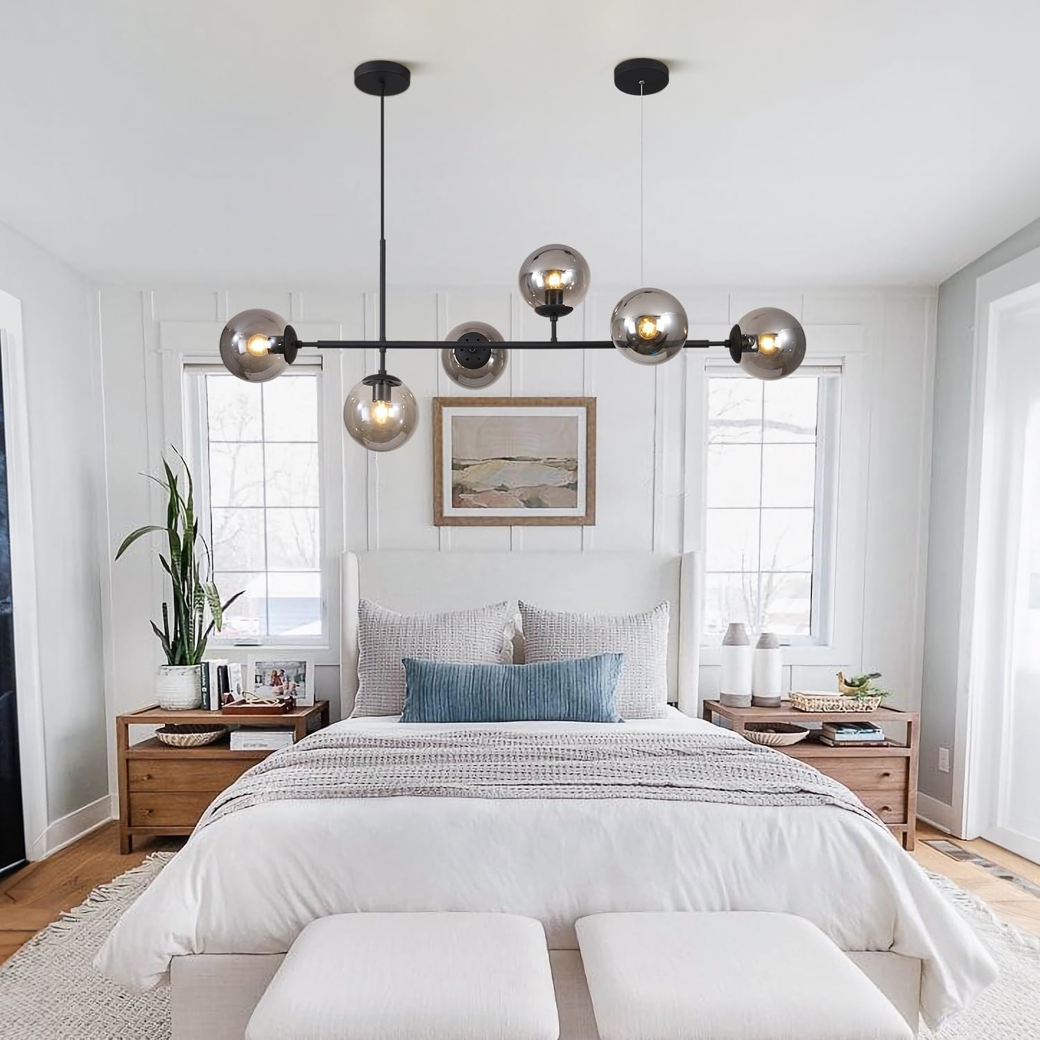 Kco Lighting 6-Light Mid Century Modern Rectangle Sputnik Chandelier Black Farmhouse Linear Chandelier Glass Globe Pendant Light
