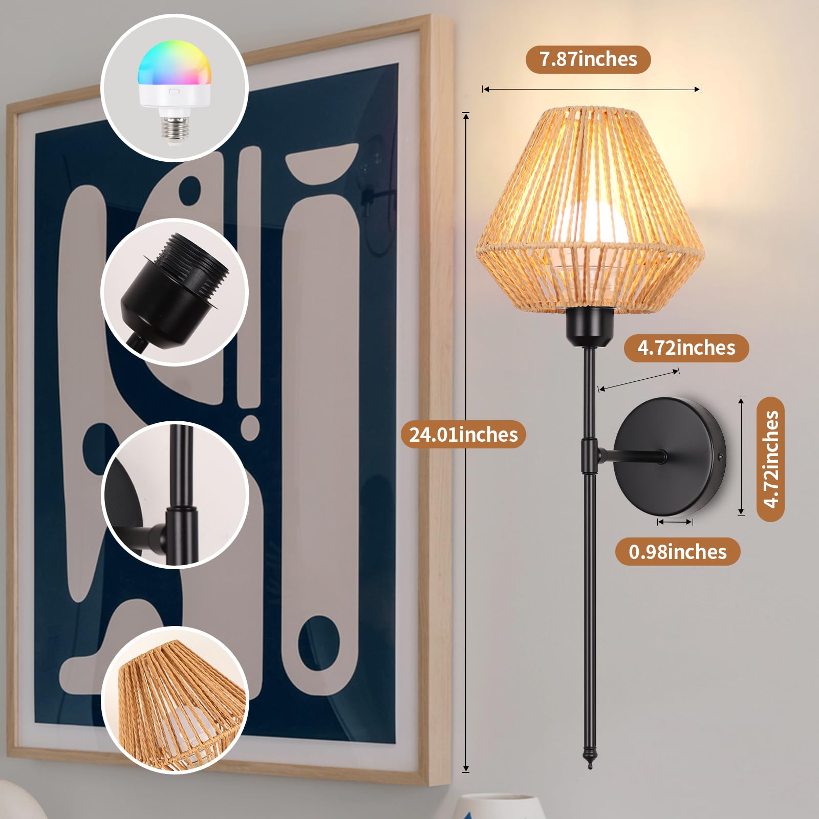 Ovyiech Rattan Rechargeable Wall Sconces Set of 2, Dimmable with Remote, 15 Color Changing, Black-Brown, Model YH8803BG