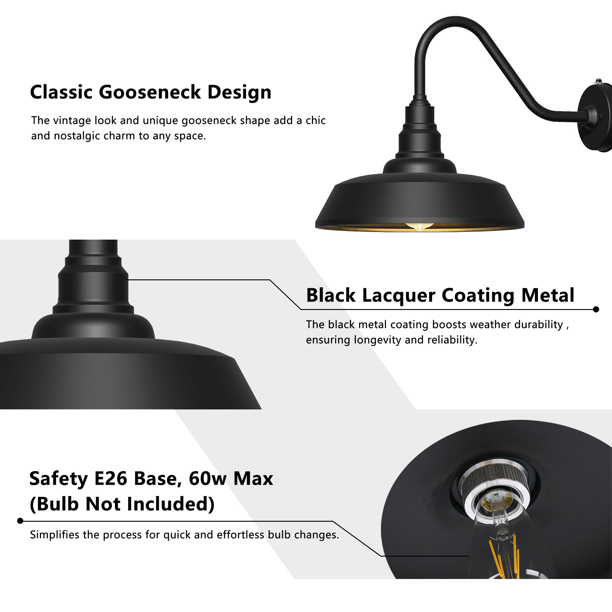 Franing 15 Inch Gooseneck Barn Light - Waterproof, Rustproof, Black Exterior Fixture for Patio, Porch, Garage, Model 119.99