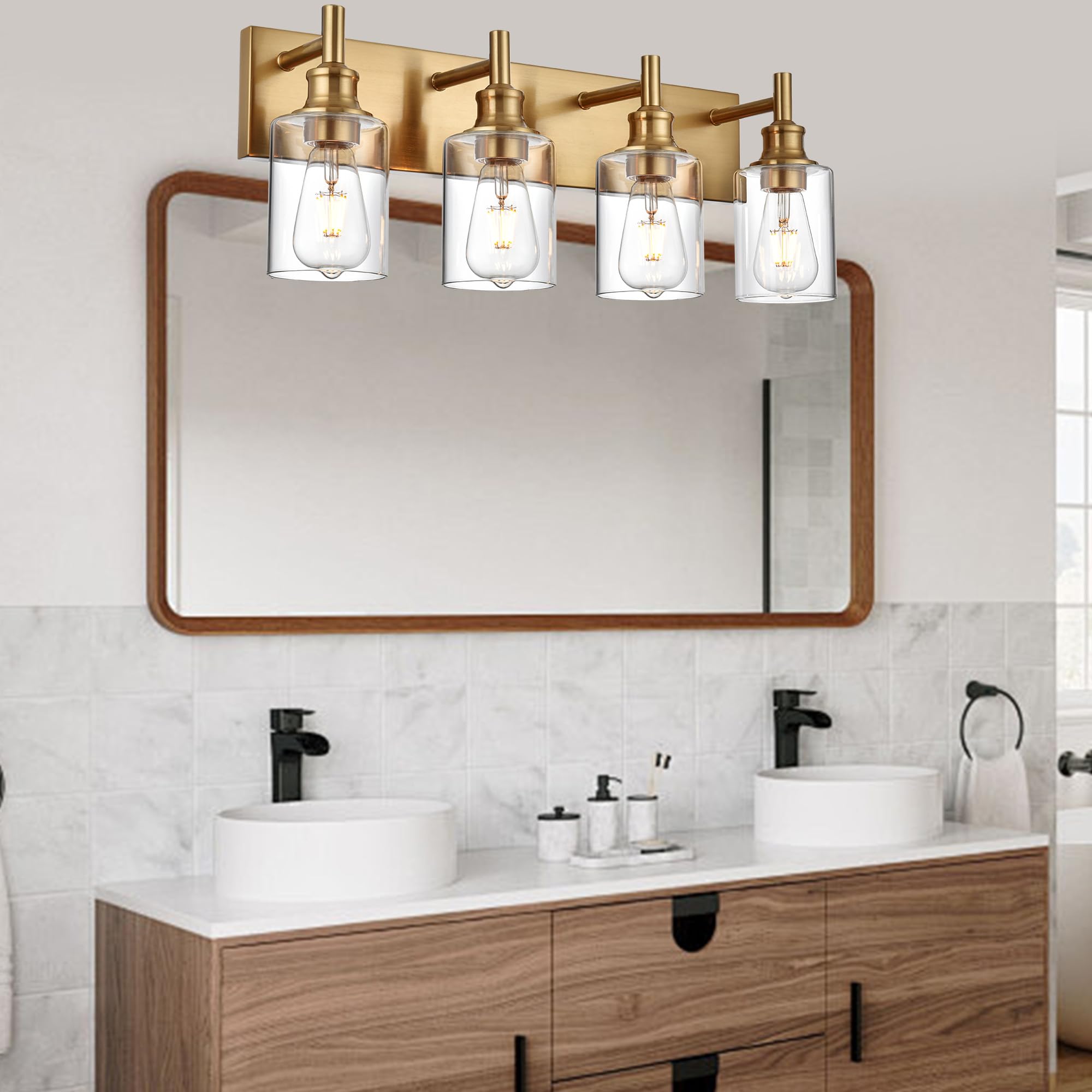Wanluce 4 Light Vintage Brushed Brass Bathroom Vanity Light Fixtures Over Mirror With Clear Glass Shades, Farmhouse Wall Sconces