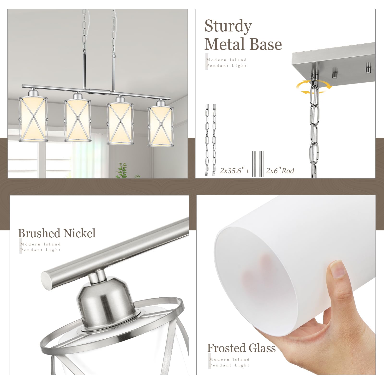 Osimir 4-Light Linear Kitchen Island Pendant Light, Brushed Nickel with Milk Glass, Model CH9176BNW-4IS