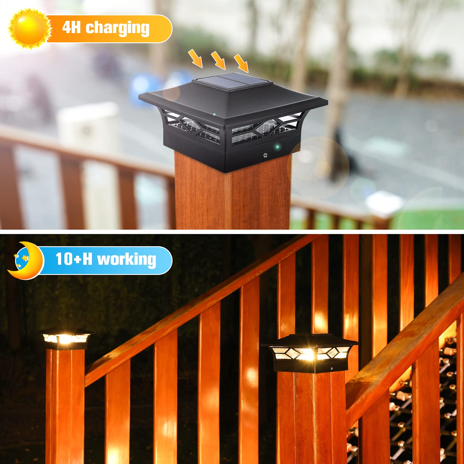 VOLISUN Solar Post Cap Lights: 2 - Pack Outdoor Deck Post Cap Lights Black for Dock Fence Waterproof 2 Color Modes,4x4/6x6 Woode