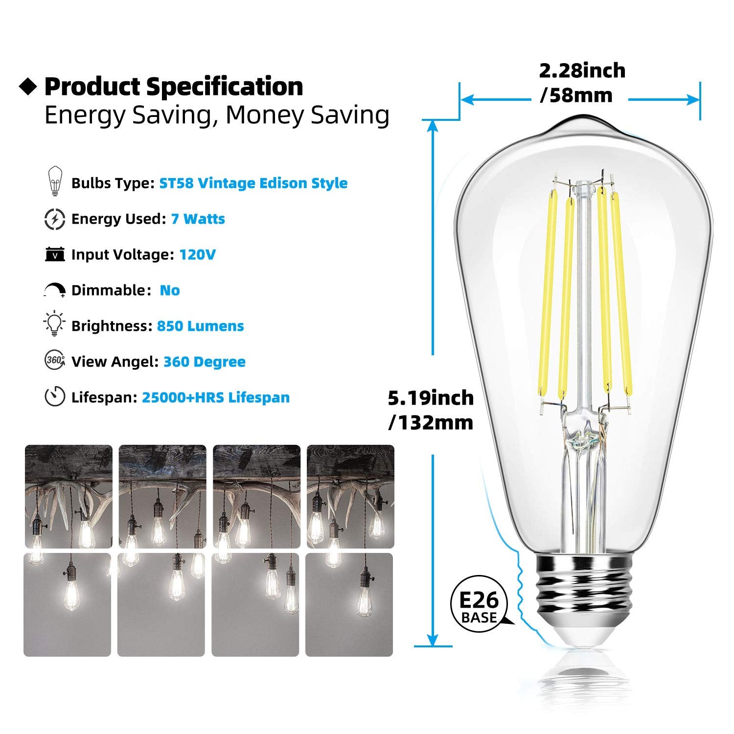 12-Pack Vintage 7W St58 Led Edison Light Bulbs 60W Equivalent, 850Lumens, 5000K Daylight White, E26 Base Led Filament Bulbs, Cri