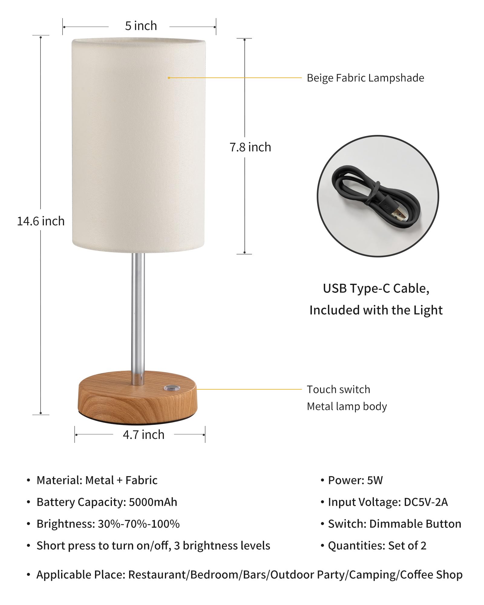 KDG Cordless Table Lamp - 5000mAh LED, 3 Brightness Levels, Silver + Beige, Portable Bedside Light for Living Room, Bedroom, Dining Room