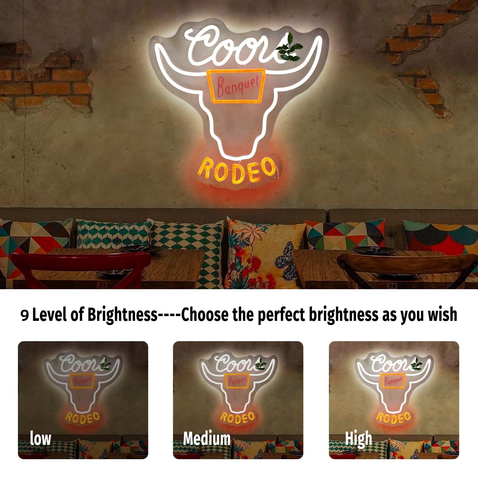 ADS JIE Cowboy Neon Sign - Cow Skull LED Wall Decor, USB Powered, 14x13 Inch, Plastic & Metal, Model cow67