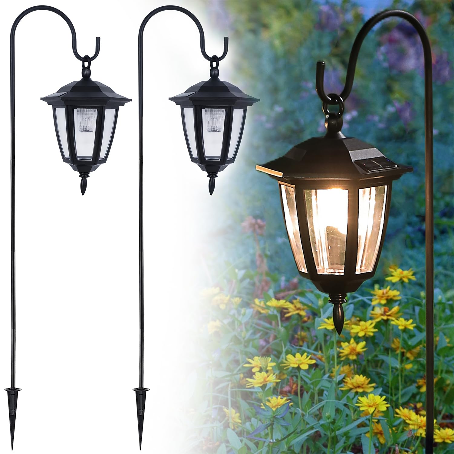 Dynaming Solar Hanging Lights Outdoor, 2 Pack with Shepherd Hooks, Waterproof Garden Lanterns, Warm White