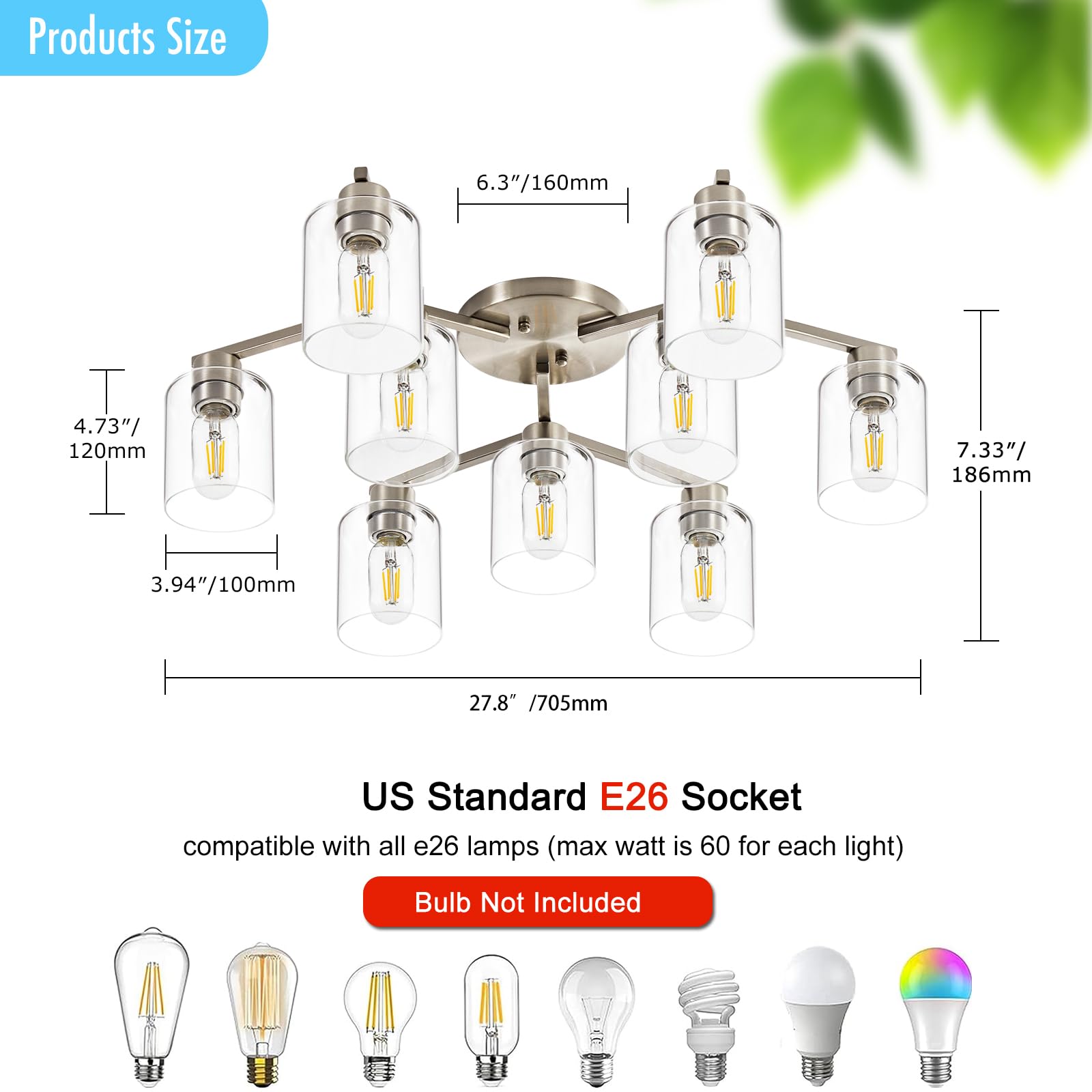 Diduio Brushed Nickel 9 Light Dining Room Ceiling Light Fixture Large Semi Flush Mount Ceiling Light Fixture Kitchen Lighting Fixtures Ceiling Light For Living Room With Clear Glass Shades
