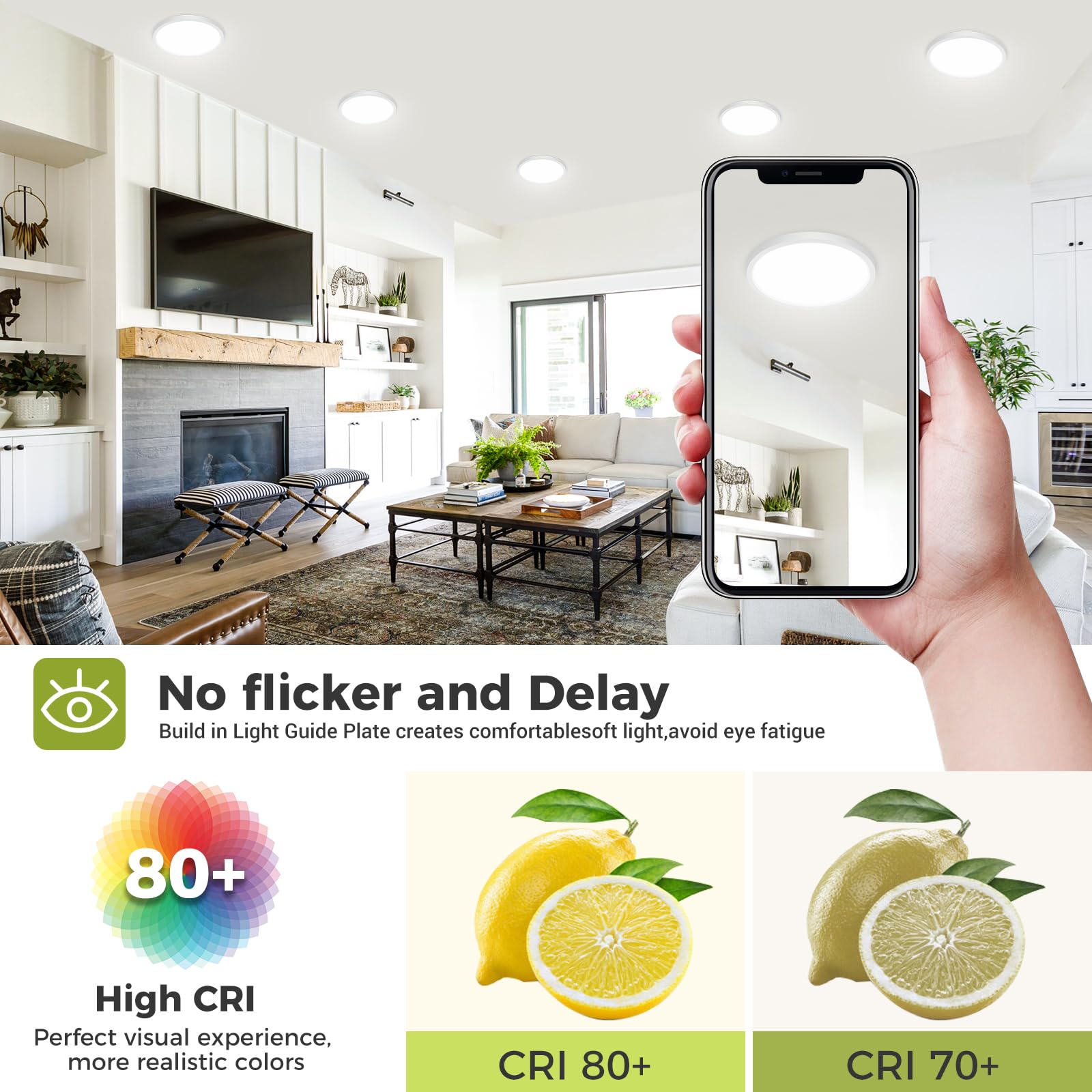 6Pack Flush Mount Led Ceiling Light Fixture - White, 6.5Inch 12Watt, Dimmable & 3000K-4000K-6500K 3 Color Selectable Ceiling Lam