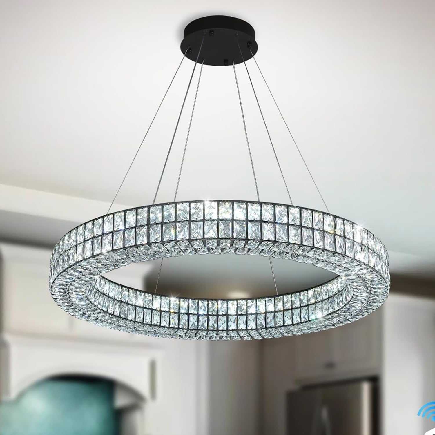 IDEQUY Modern Black LED Ring Chandelier, Dimmable Crystal, 40in, Model CF8024-100H, Perfect for Dining Room, Foyer, Staircase