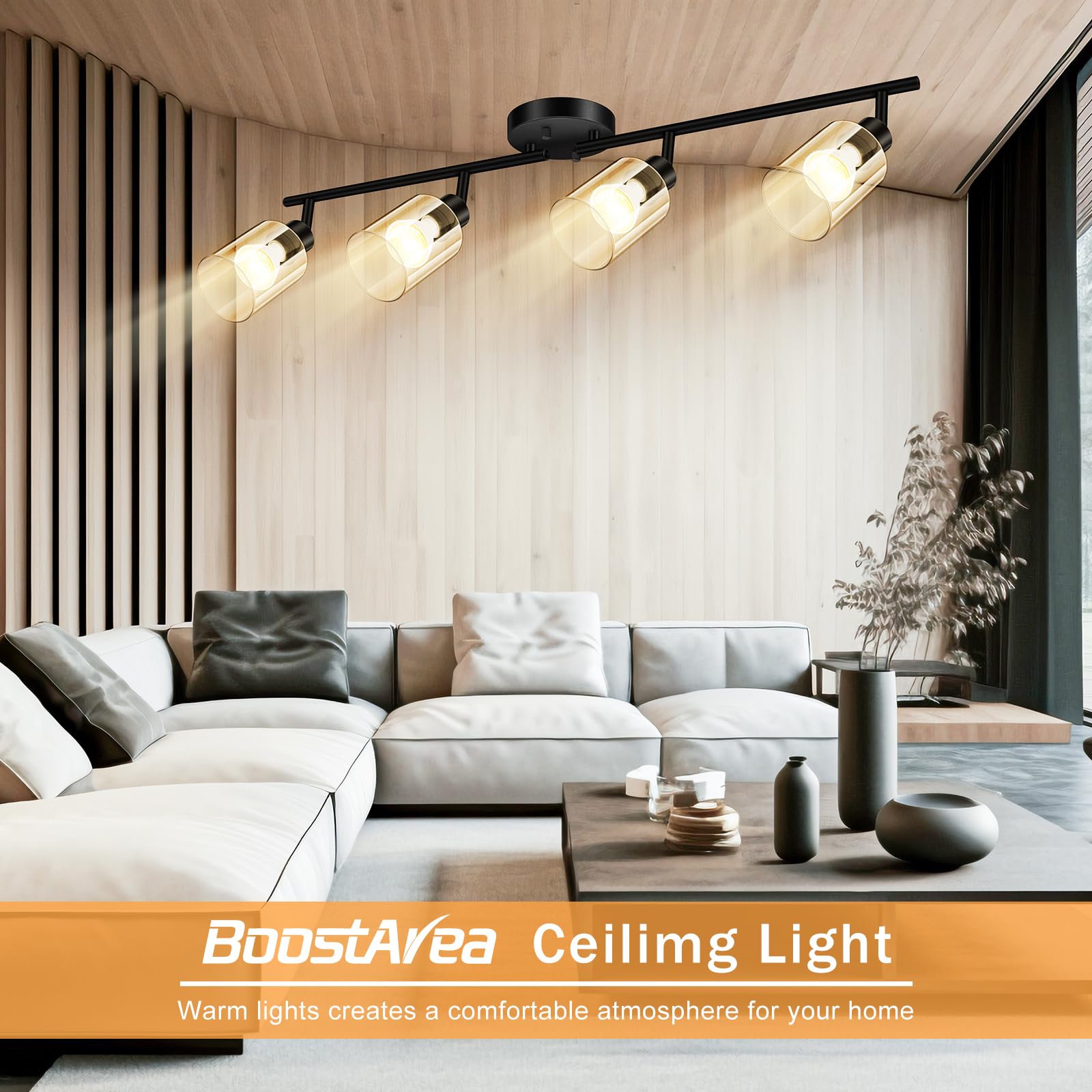 Boostarea 4 Light Led Track Light,Glass Lightshade Track Lighting Kits,4 Way Modern Ceiling Spot Lights For Kitchen,Dining Room,