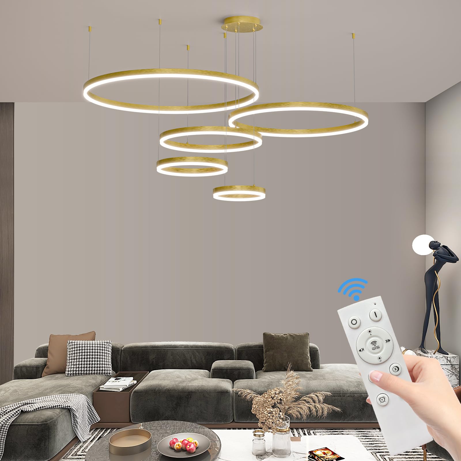 Mikeru LED Chandelier Light, 5 Rings, Remote Control, Adjustable 3000K-6500K, Aluminum, B-Black, Model DK-JS-346810, Sizes 