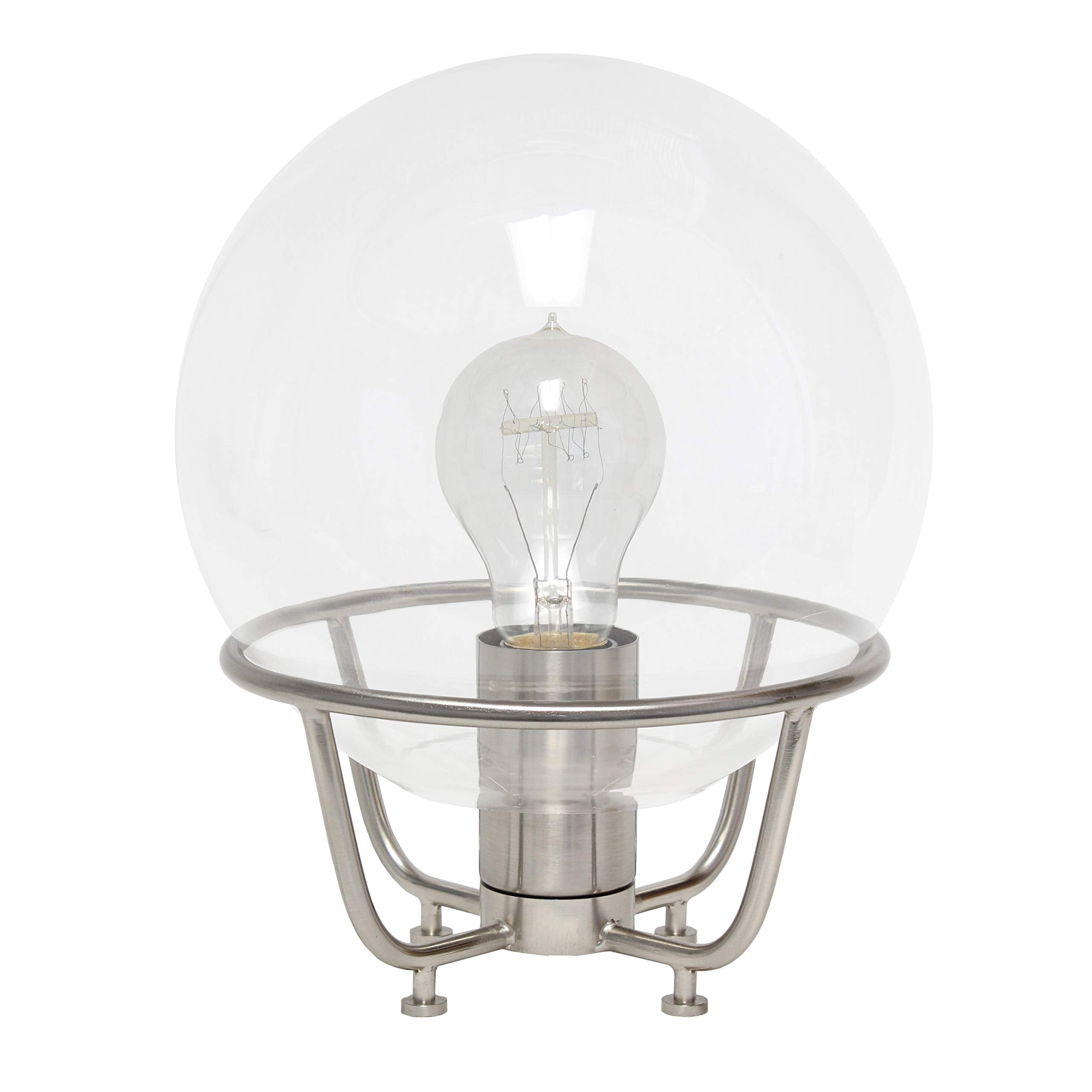 Elegant Designs Vintage Industrial Table Lamp, Brushed Nickel, 7.75inL x 7.75inW x 10inH, Model LT1062-BSN, Metal, Glass Crystal Ball