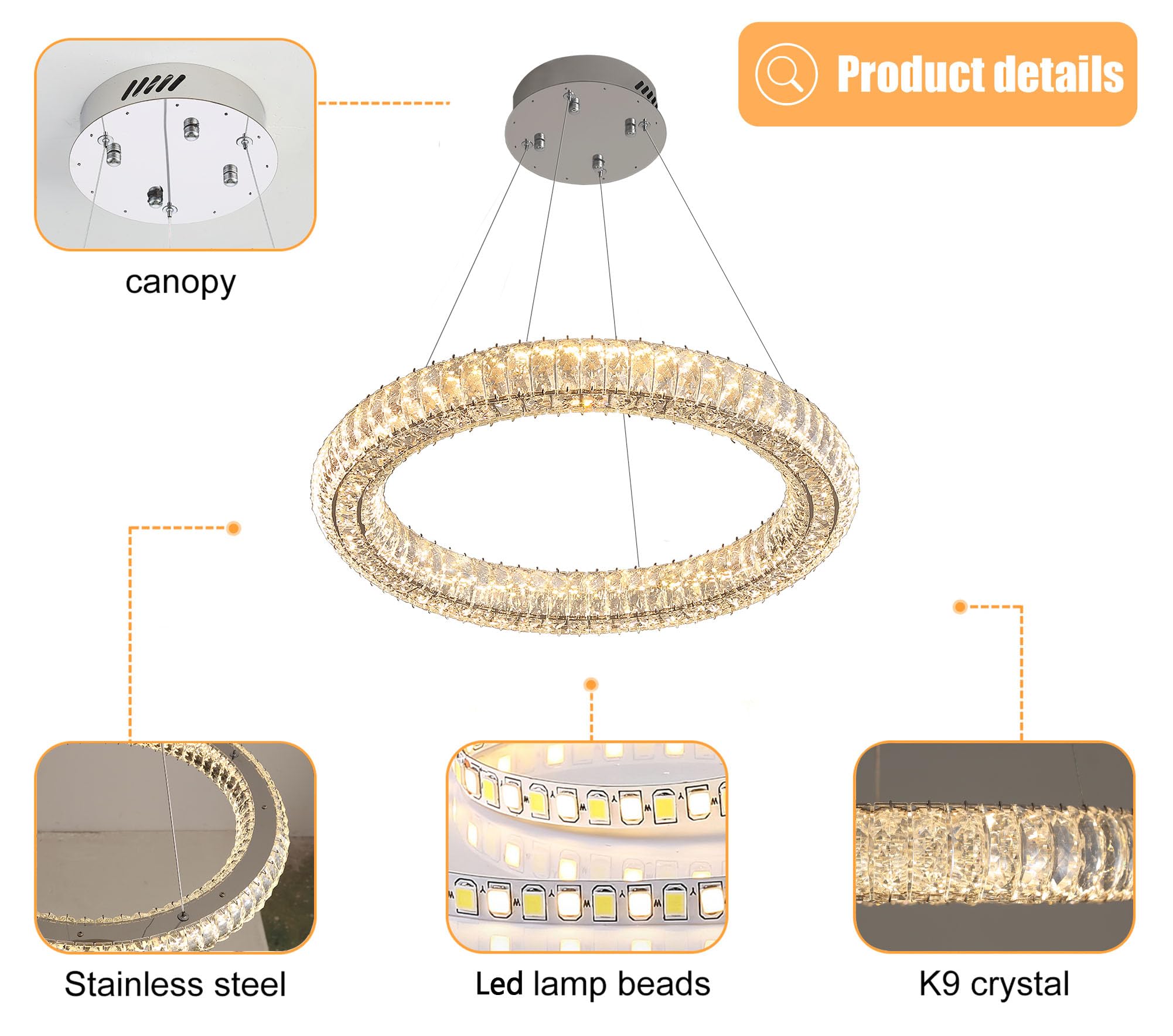 IDEQUY Modern Crystal Chandelier LED Pendant Light, 23.6" Adjustable Round Chrome Fixture for Dining Room, Dimmable, Silver