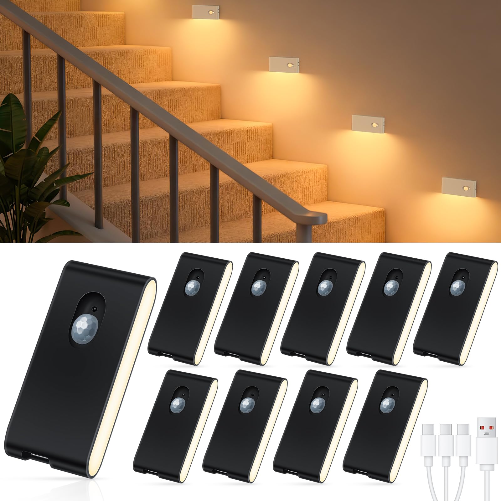 WILLED Stair Lights Indoor, Warm White Rechargeable Night Light, Wireless Motion Sensor Light Indoor for Stairs, Hallway, Stairw