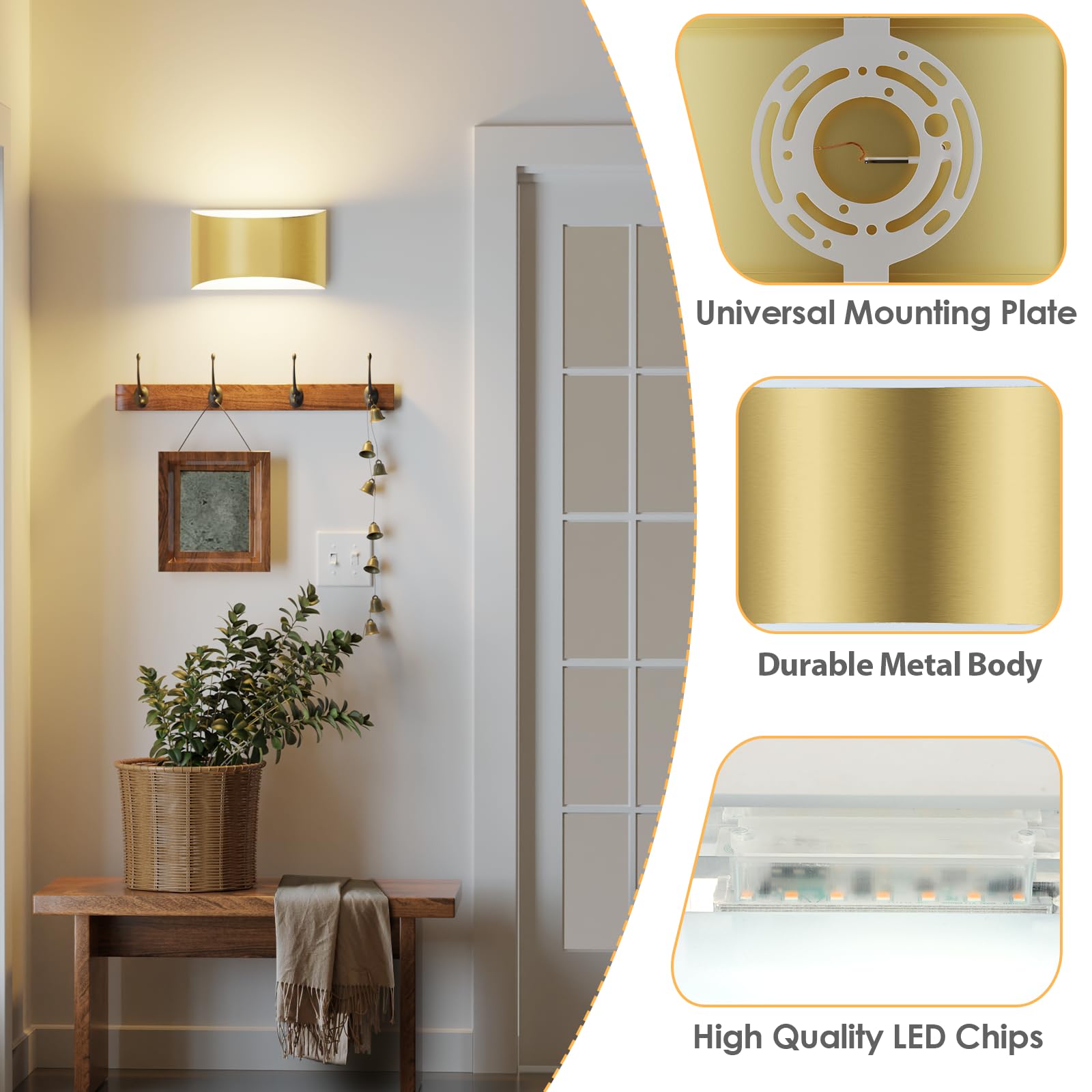 FOLKSMATE Modern LED Wall Sconces Set of 2, 3000K Warm White, Gold, 7.68 inch, Hardwired Metal Light for Indoor Use