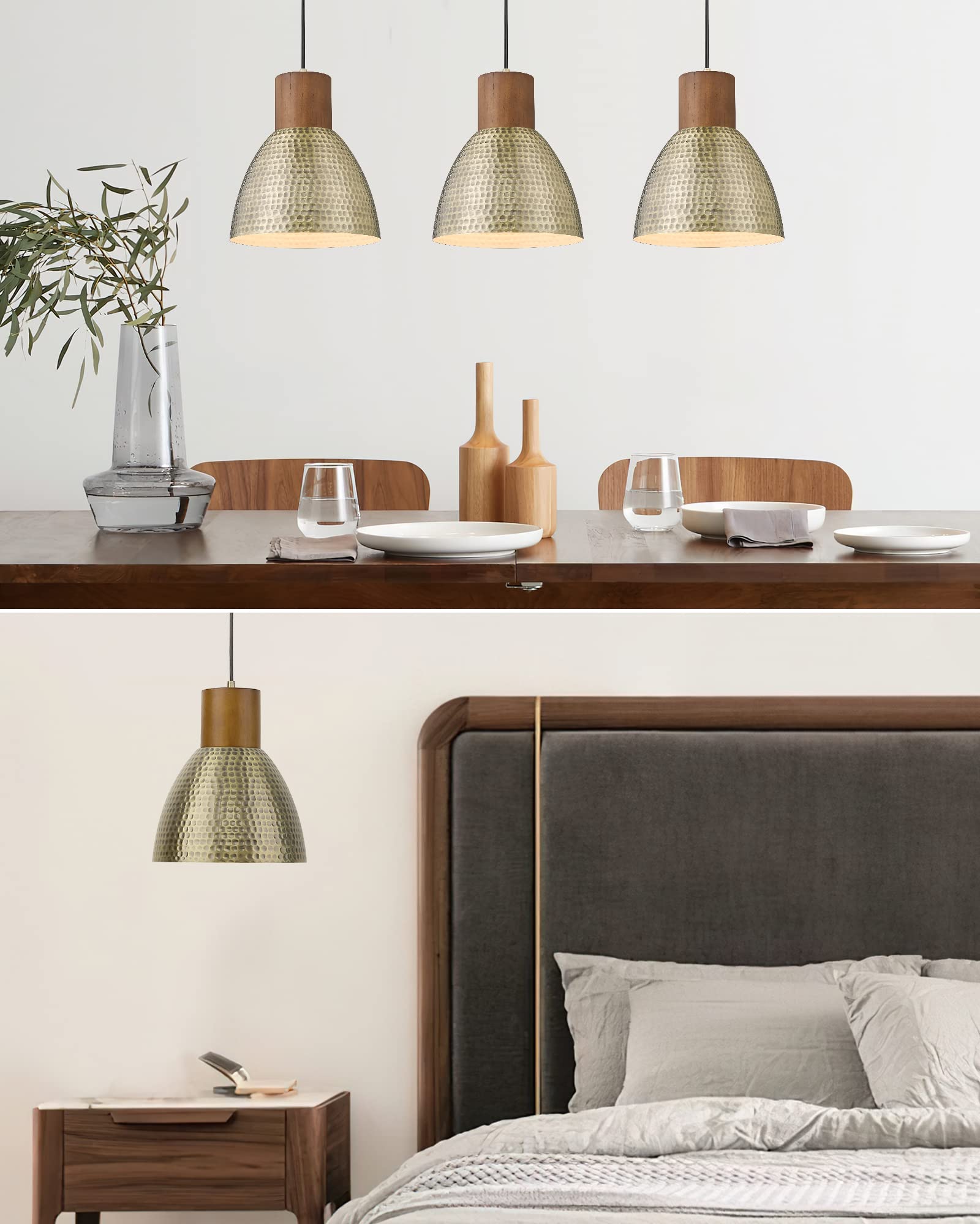 Elyona Vintage Hammered Metal Pendant Lights, Adjustable Height, Antique Gold, 3 Pack, Small