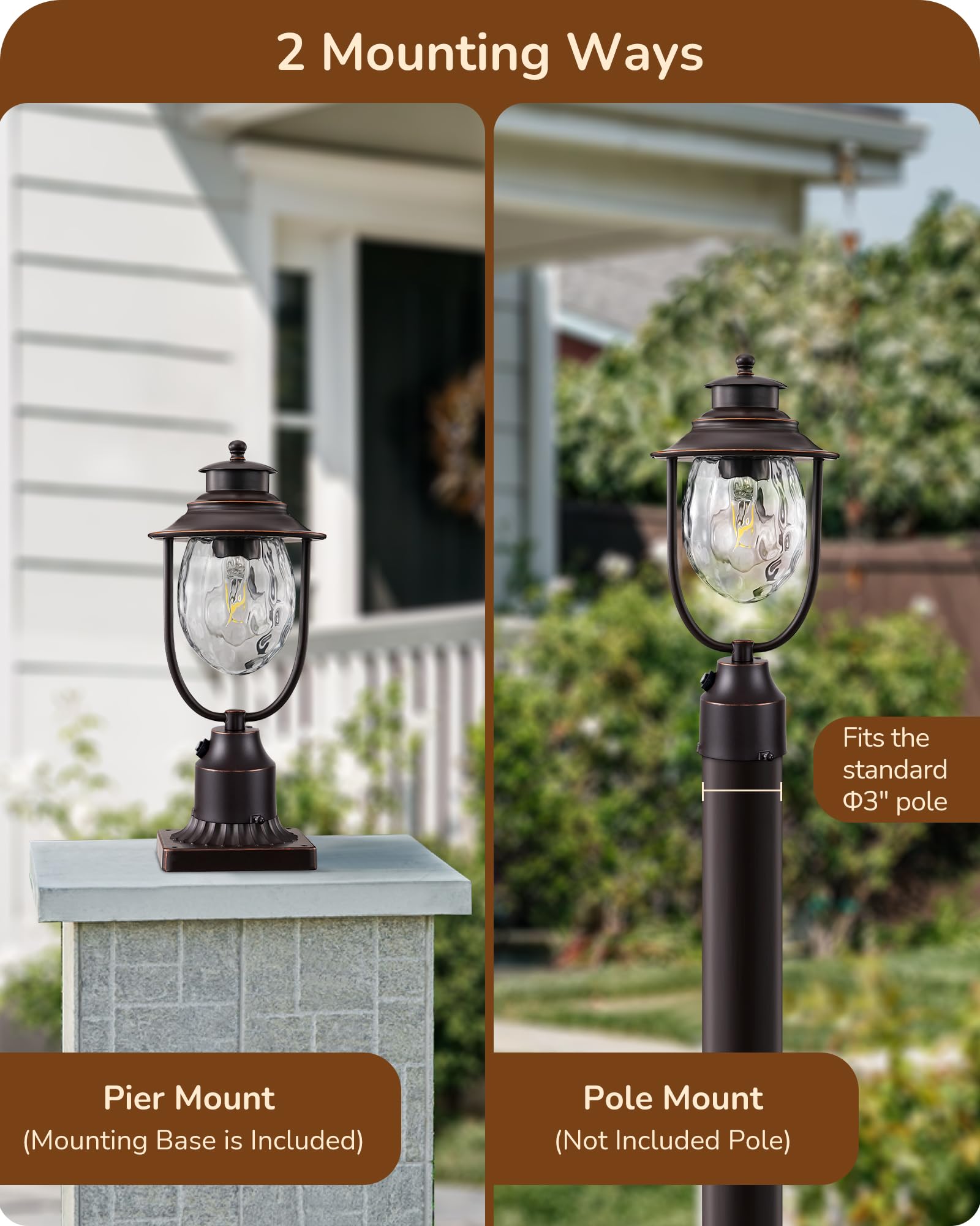 EDISHINE Dusk to Dawn Outdoor Post Light, Pole Light Fixture with Pier Mount Base, Waterproof Exterior Lamp Post Lantern Head, C