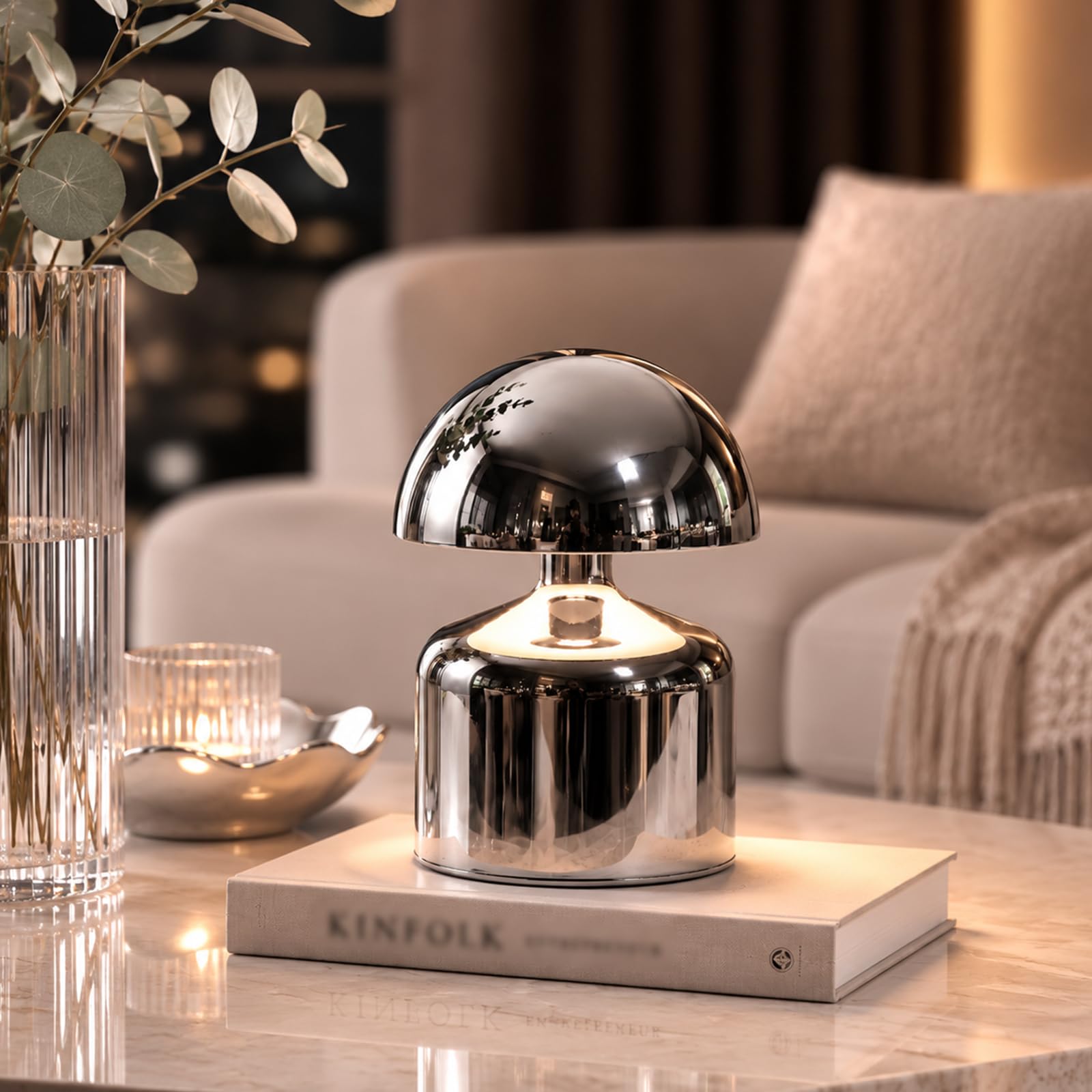 Talystia Mini Mushroom Rechargeable Table Lamp Cordless, Silver